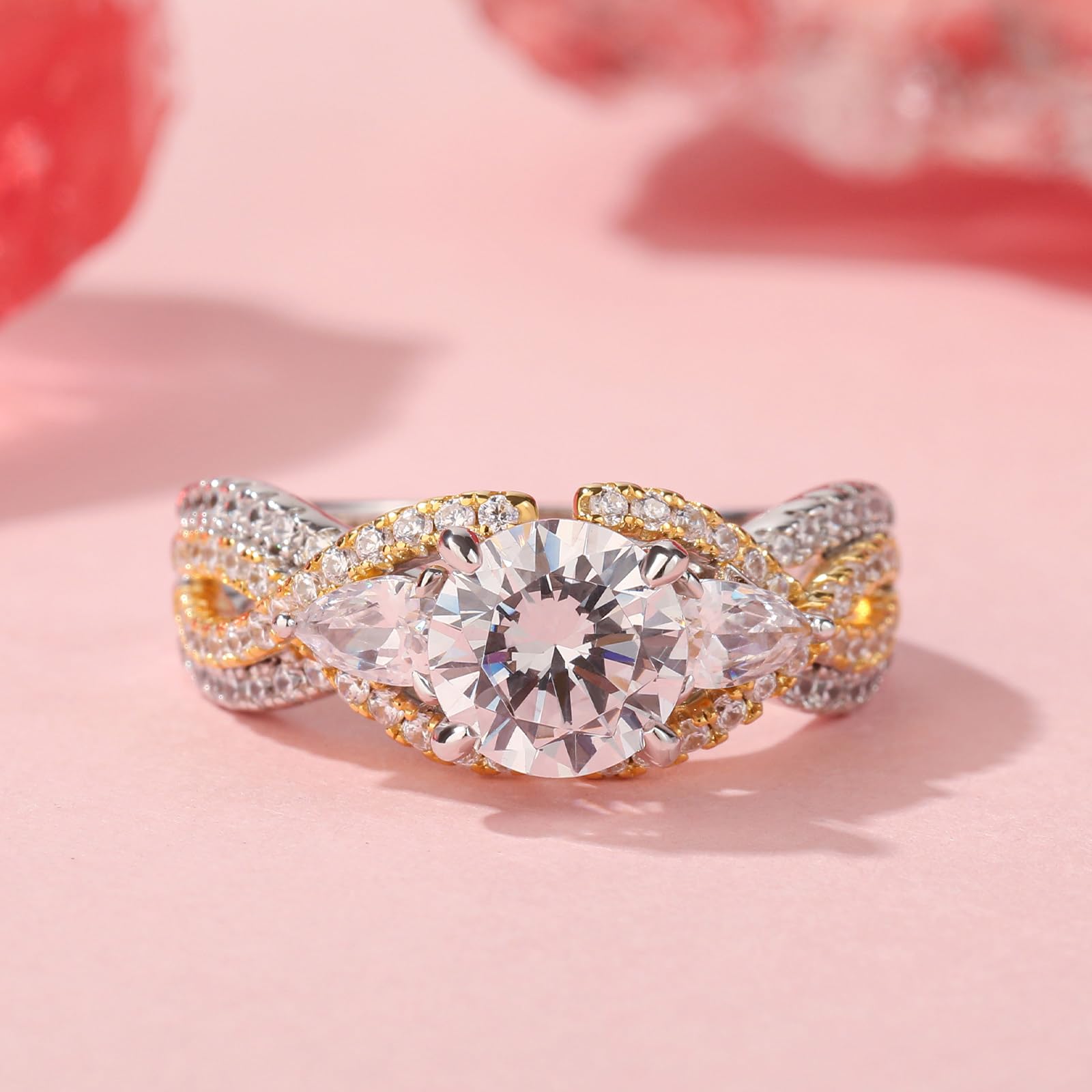 Jeulia Bague de proposition en argent sterling pour femme : deux tons floral taille ronde diamant éternité bague de fiançailles promesse mariage bague de fiançailles anniversaire bijoux cadeau