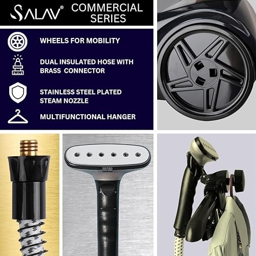 SALAV® Heavy Duty Commercial Full-Size Garment Steamer with Foot Pedals and Extra Large 3L (101.5 oz) Water Tank, 1800 watts of Poweful Steam (Navy) (Renewed)(Navy,14.5 in x 11.42 in x 70.5 in)