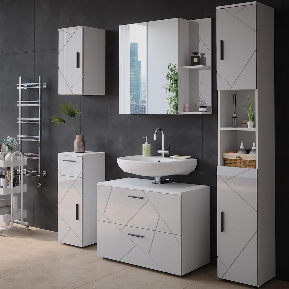 Vicco Mobile a specchio per il bagno Irma, Bianco/bianco lucido, 80 x 75 cm, per montaggio a parete con ripiani aperti e specchio