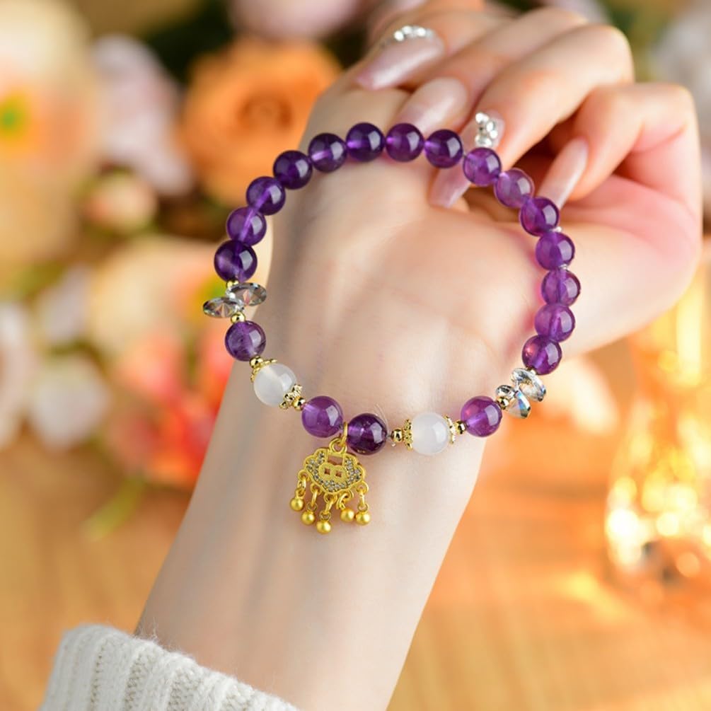 DorkTees (C591紫水晶如意锁手链) 天然梦幻紫水晶如意锁 Fengshui Jade Bracelet Lucky Charm 手链浪漫时尚新中式民族风格女原创手串