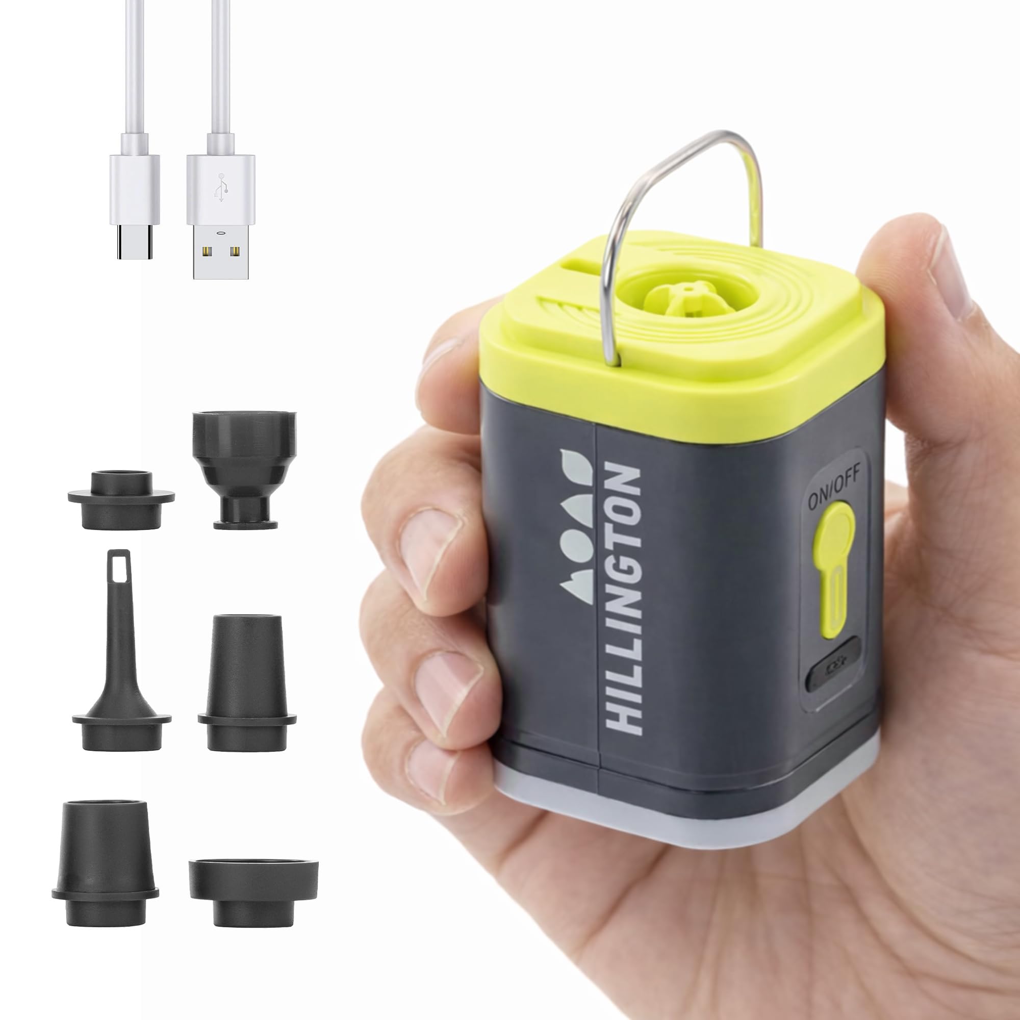 Hillington 3-in-1 Portable Air Mattress Pump - Rechargeable Electric Air Bed Pump for Deflate Inflatable with Camping Light and 5 Nozzles - Mini Vacuum Pump for Travel Bags Outdoor Use
