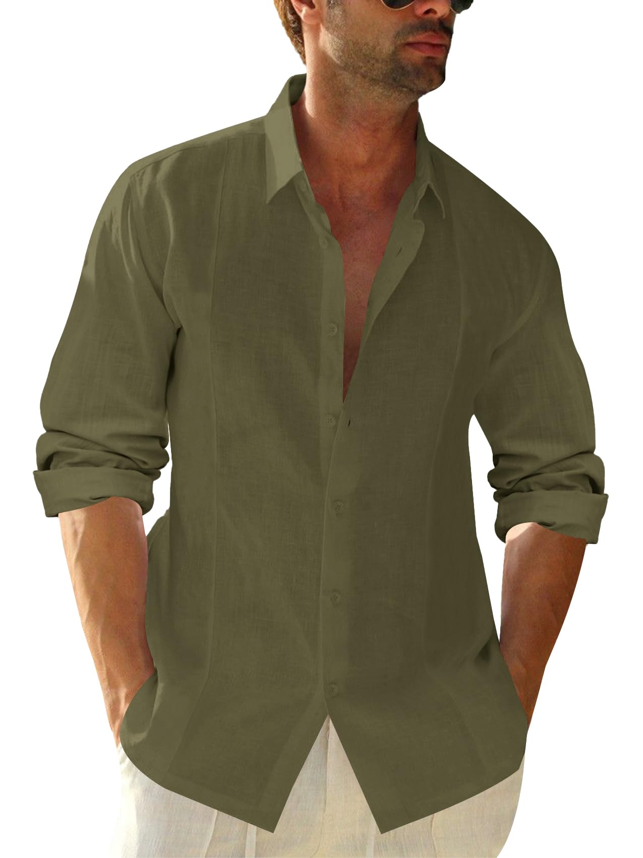 Runcati Camisa de lino para hombre, camisa ligera de verano, camisa de ocio, manga larga, camisas de negocios para hombres