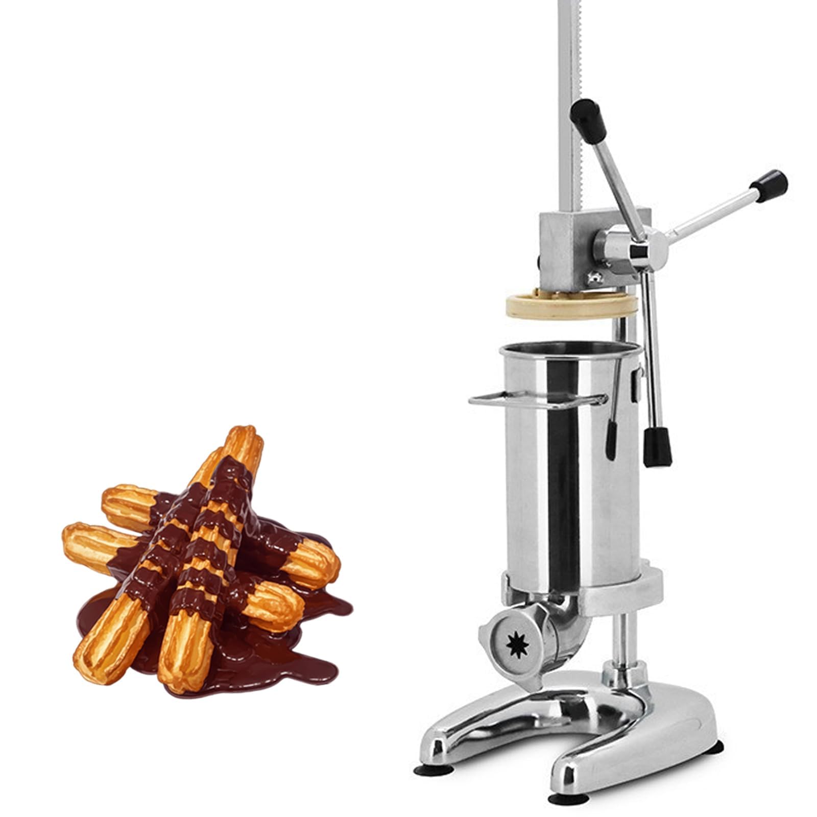 Churro Maker Manual, Churrera Española Vertical 2L/3L con 5 Boquillas Intercambiables, Prensa de Masa de Manivela para Churros, Donuts, Panadería, Uso Comercial en Restaurantes, Acero Inoxidable 2L