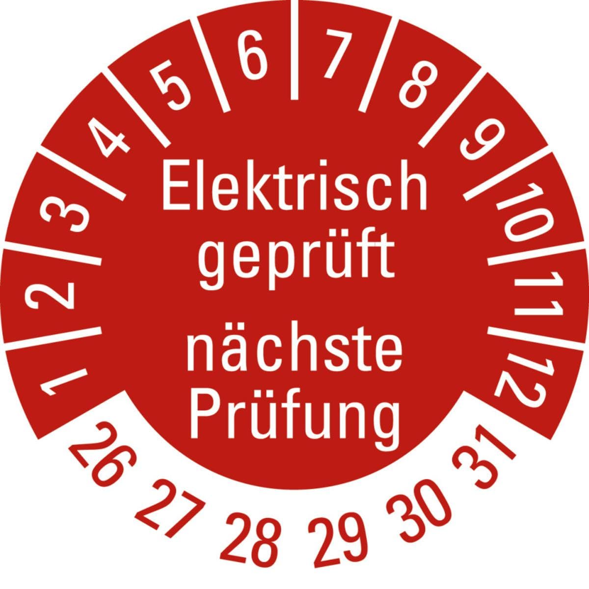 Mehrjahresprüfplakette Elektrisch geprüft Nächster Prüftermin 26–31, Ø 30 mm, Folie ablösbar, 500 Stück