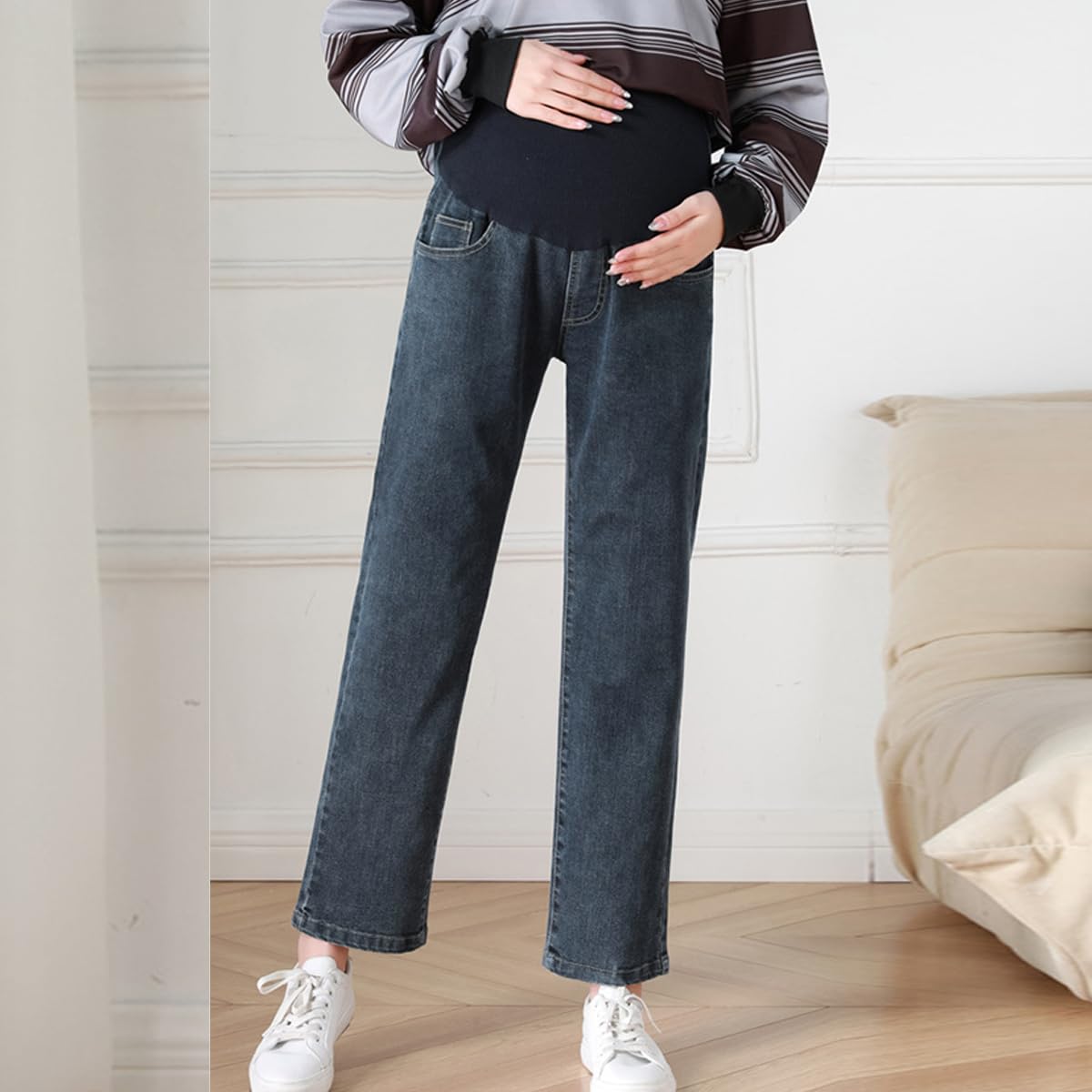 Jeans de Grossesse Femme Jambe Droite Coupe décontractée Jeans de Maternité Pantalon de Grossesse en Denim à Jambes Larges Pantalon Jean avec Poches pour Femmes Enceintes
