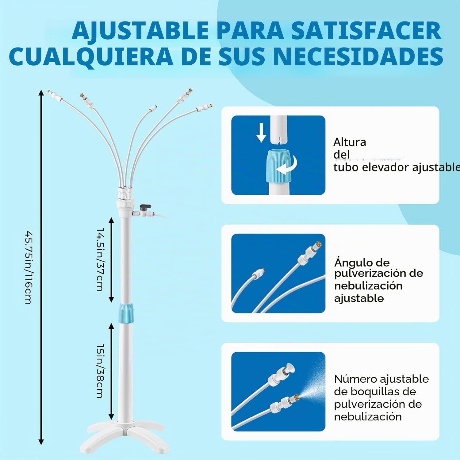 Tesmotor Sistema de niebla de pie para terraza y jardín, altura regulable al aire libre, con 5 boquillas, sistema de refrigeración con válvula y soporte, ducha de niebla para patio, balcón, piscina