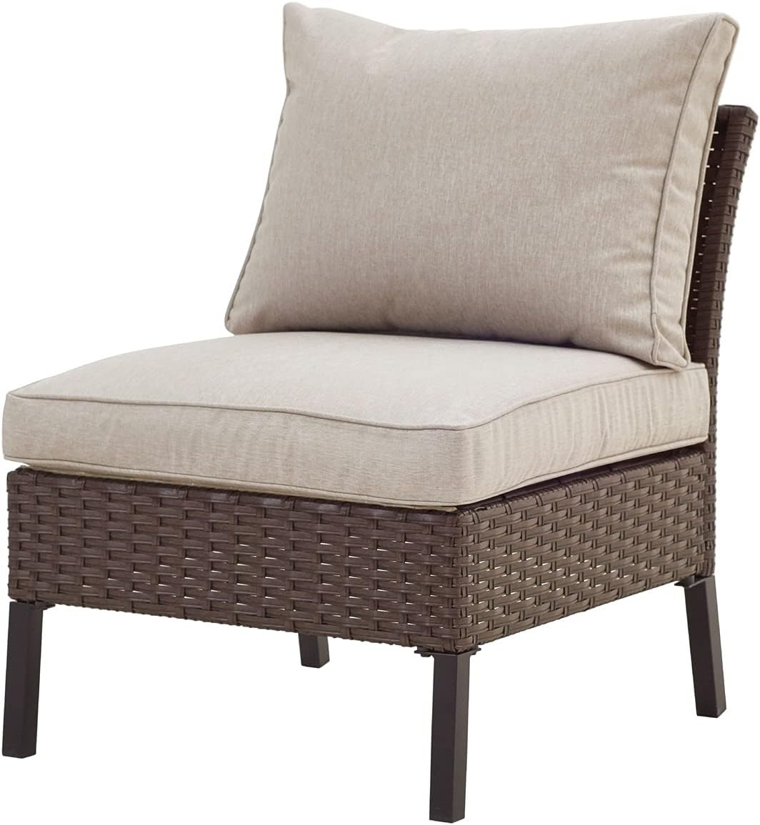 Festival Depot Patio Armless Sofa Sectional Furniture Loveseat Outdoor Dining Chair with Cushions Pillow and Metal Frame Wicker for Garden Backyard Pool Farmhouse (Beige) (B-PF20722-new1)