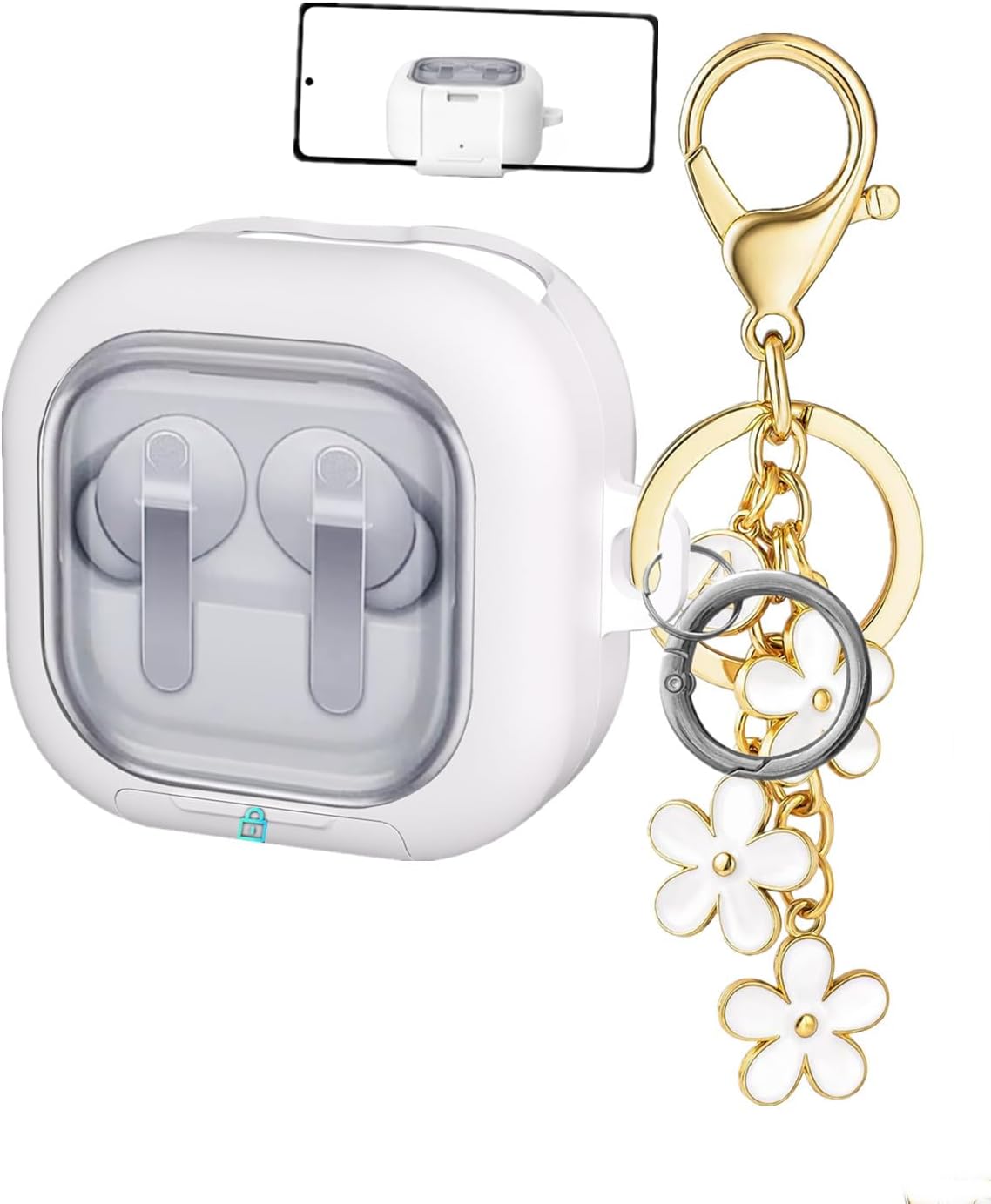 for Samsung Galaxy Buds 4 / Galaxy Buds 4 Pro Case Lock with Cute Flower Keychain, Stylish TPU Hard Clear Case for Samsung Buds4 / Buds 4Pro Earbuds with Phone Stand Function for Women Men (White)