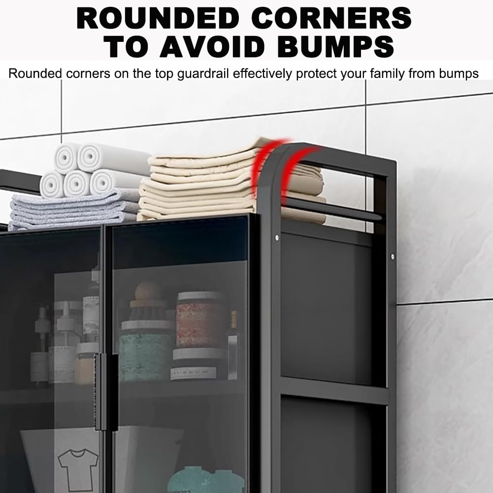 Estante de almacenamiento de baño con puerta de armario de cristal, 4 niveles, unidad de almacenamiento grande de hierro para baño, estante de almacenamiento multifuncional, color negro, largo 70 cm