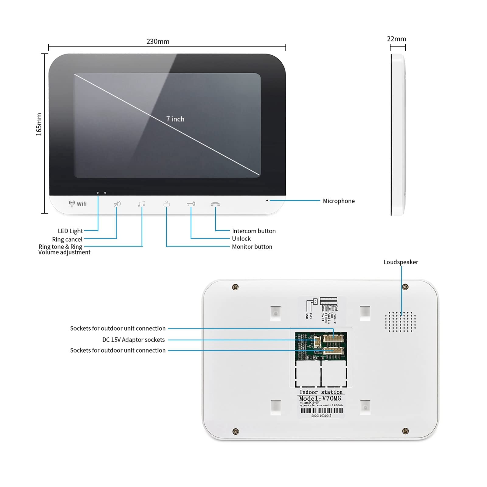 7 Pulgadas Timbre Vídeo LCD TFT, Intercomunicador Portero Automático Cámara Visual Con Cable Monitor De Desbloqueo Remoto Con Visión Nocturna Para Seguridad Hogar(EU-110-240V)