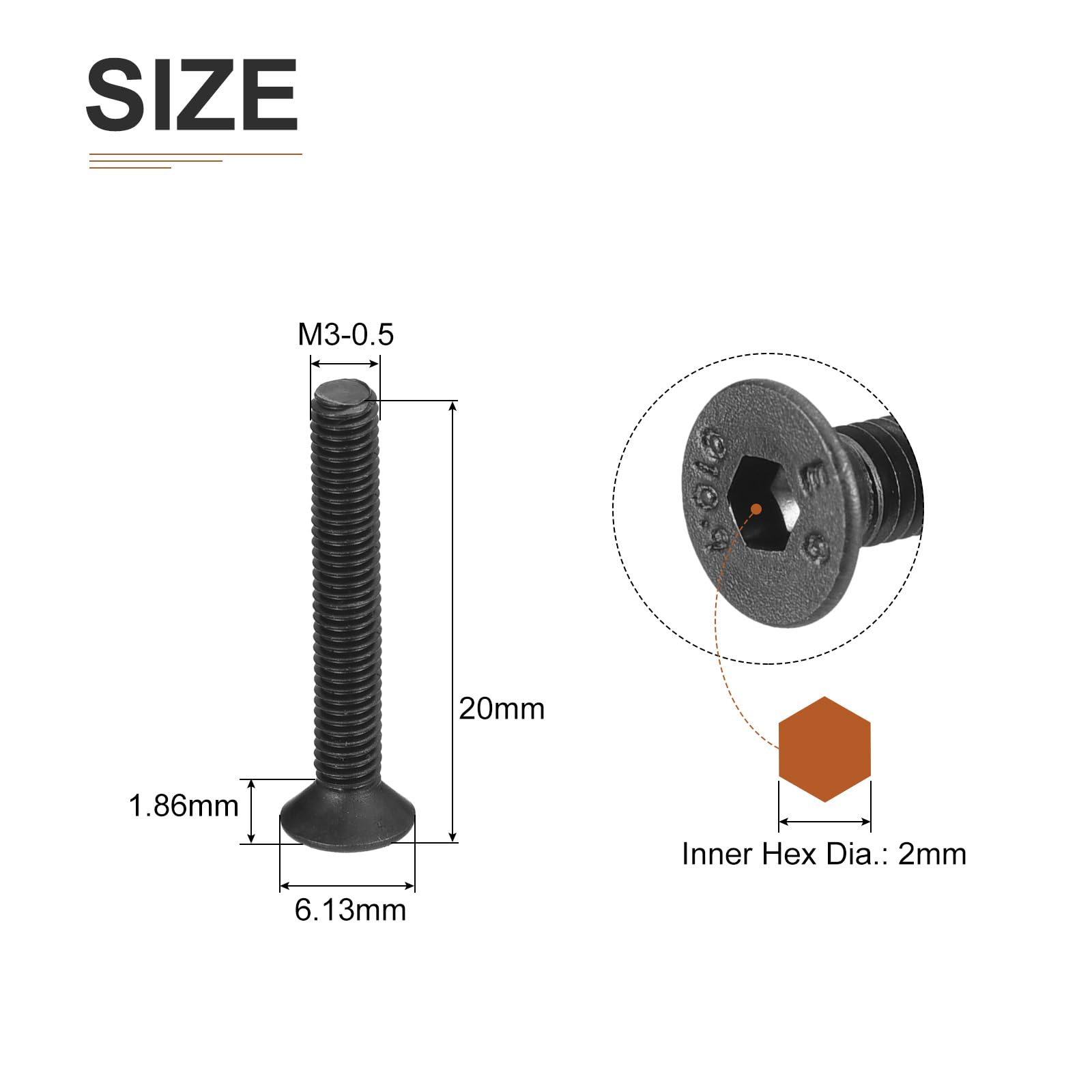 DTGN M3-0.5x20mm Flat Head Socket Cap Screws, 50 Pack Hex Socket Flat Head Screws Carbon Steel Black Oxide, Full Thread - Image 2
