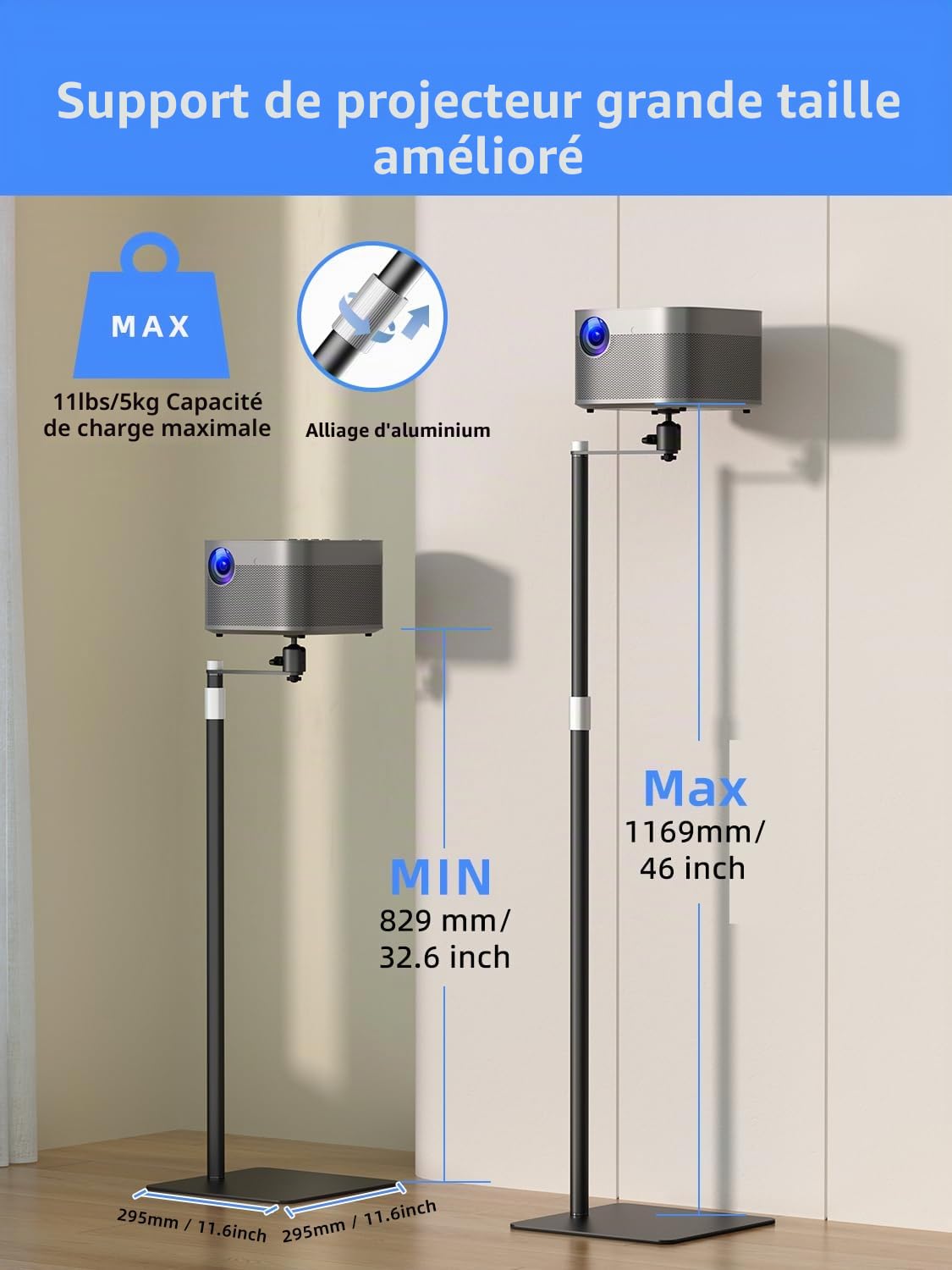 suptek Support au Sol pour vidéoprojecteur Discret derrière canapé, Rotatif 360°, Hauteur réglable, Support de Projecteur Universel pour Bureau et vlog, Grosse rotule améliorée, Noir, PR007FPB