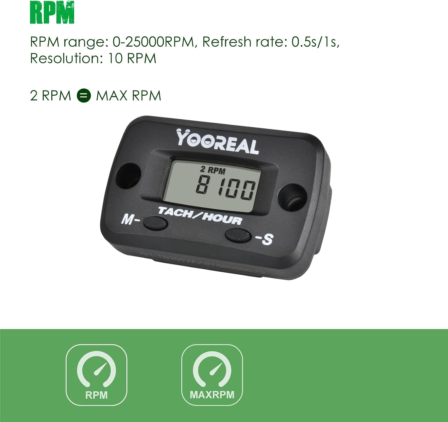Yooreal Digital Maintenance Hour Meter and Tachometer,Replaceable Battery,Waterproof for Riding Lawn Mower Brush Cutter Generator Air Compressor Scooter Chainsaw Pit Bike Paramotor Go Kart