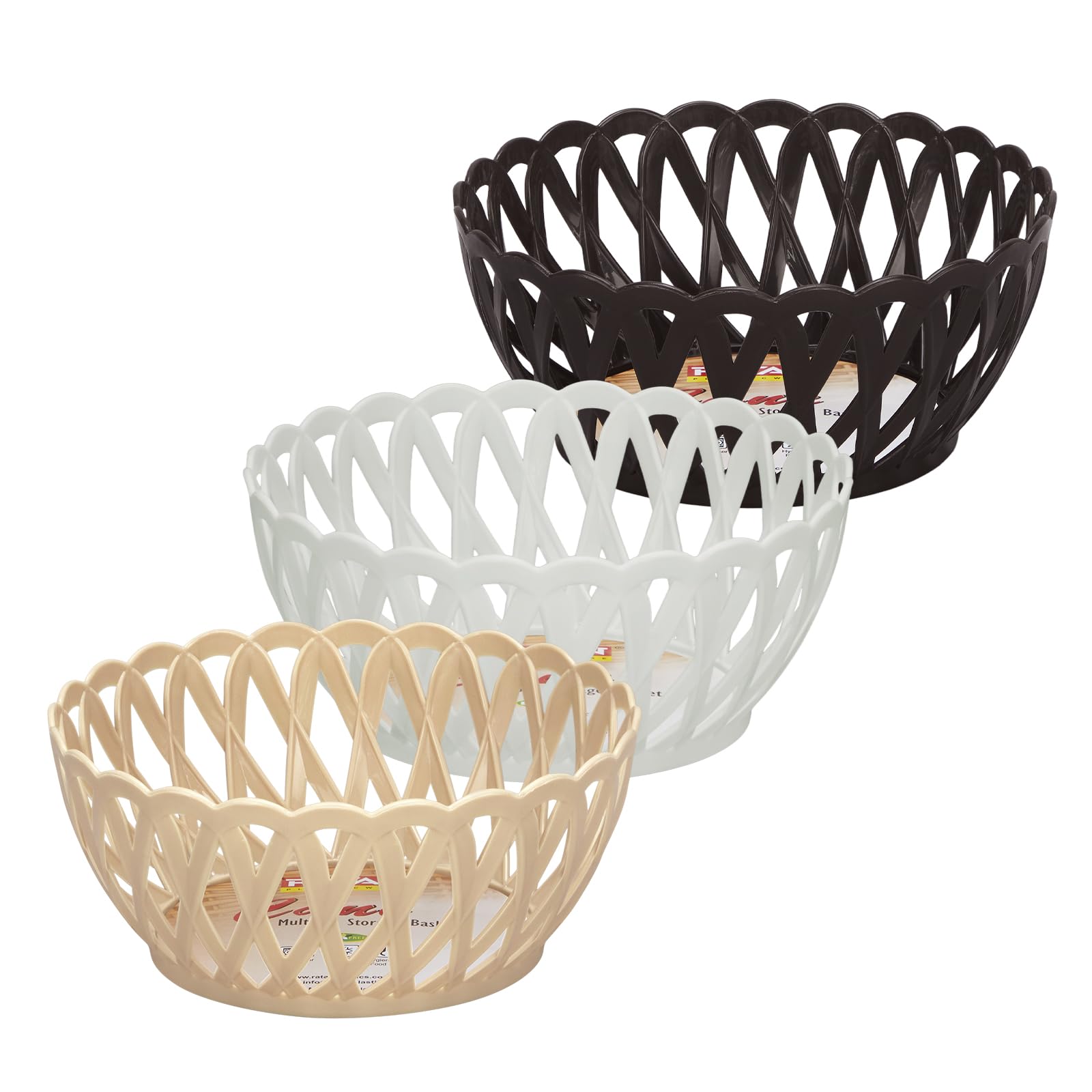 Cane Small Plastic Storage Basket for Fruits, Vegetables & Snacks – Decorative Woven Design for Kitchen, Dining Table & Home Use I Pack of 3 - BEIGE/Dark Brown/OFF WHITE-picture-32