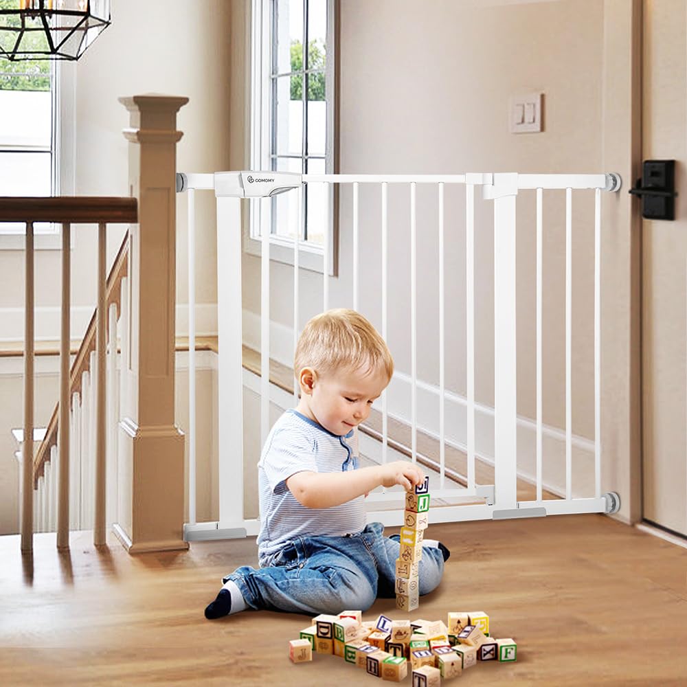 COMOMY 30" Tall Baby Gate for Stairs Doorways, Fits Openings 29.5" to 43.3" Wide, Auto Close Extra Wide Dog Gate for House, Pressure Mounted Easy Walk Through Pet Gate with Door, White
