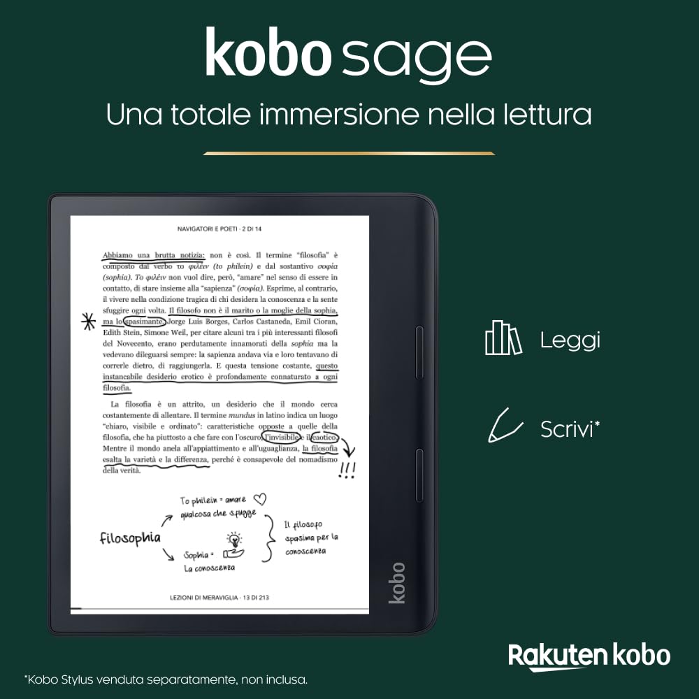Kobo Sage | eReader | Touchscreen antiriflesso 8" HD | Impermeabile | Luminosità e temperatura colore regolabili | Riduzione luce blu | Bluetooth | WiFi | 32 GB | Tecnologia Carta E Ink