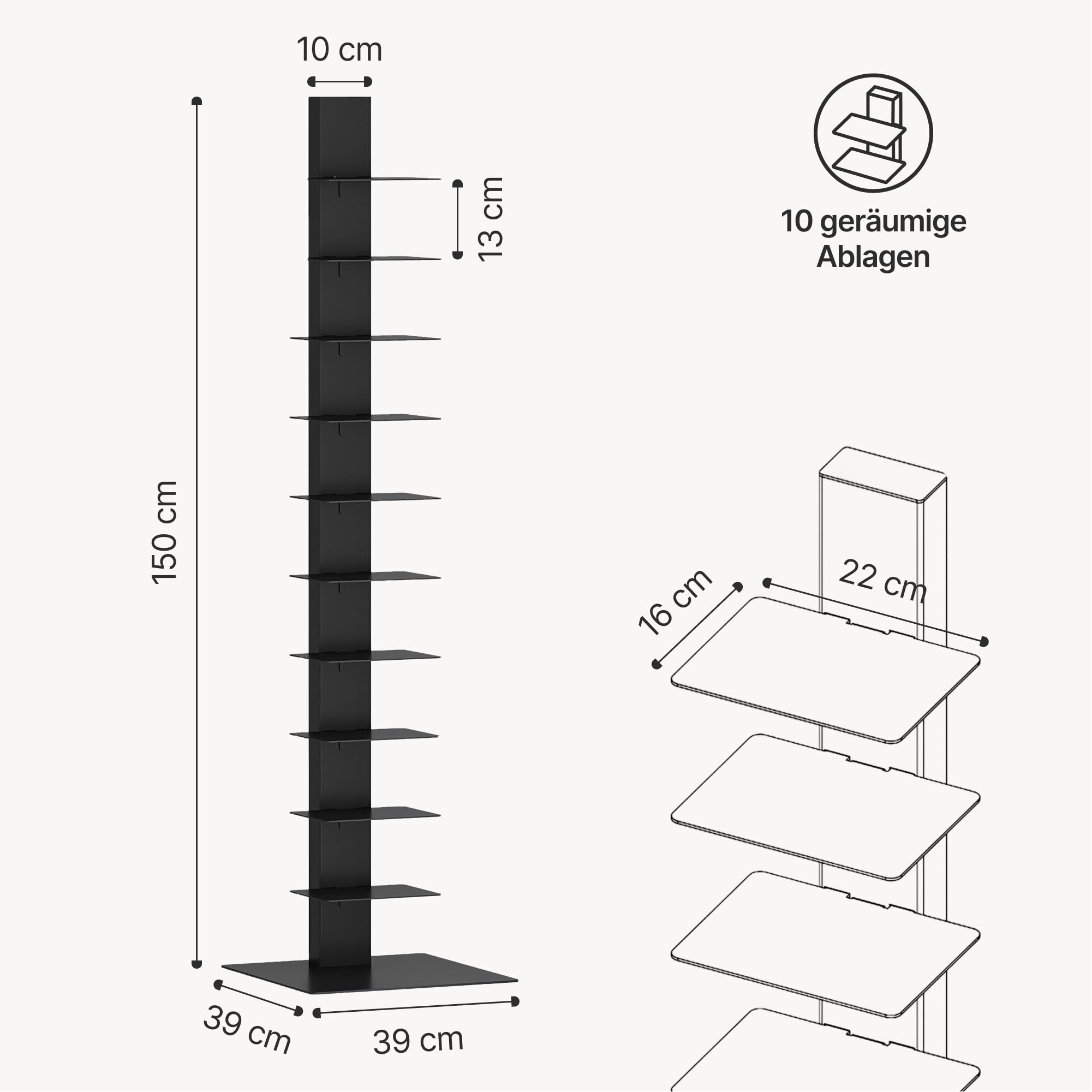 [en.casa] Standregal Eksjö CD DVD Regal in schmaler Leiterform mit 10 Ablagen Bücherregal für Wohn- und Schlafzimmer Büro 150 x 39 x 39 cm Schwarz