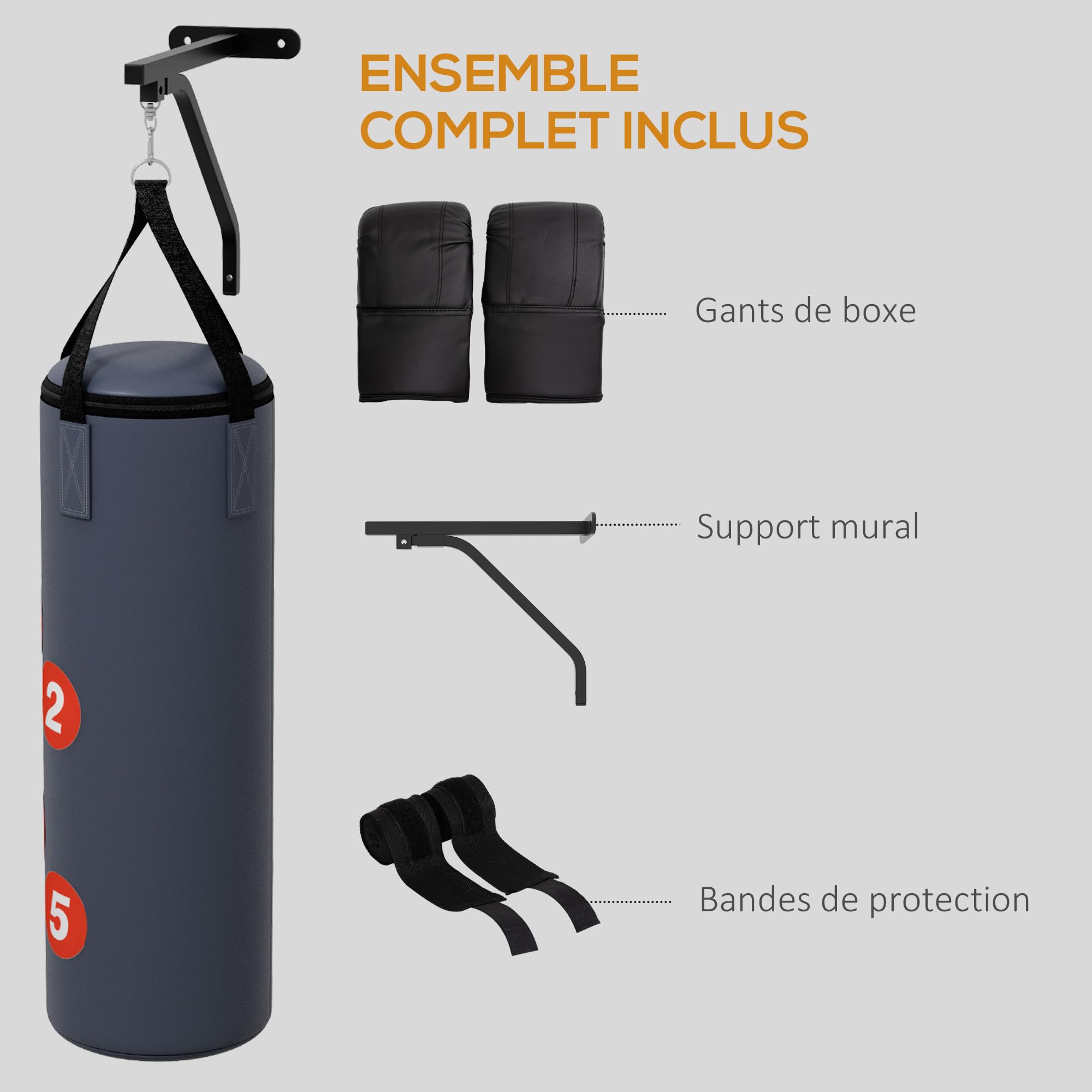 SPORTNOW Sac de Frappe Sac de Boxe Non rempli avec Support Mural, Sac Lourd avec Gants, Bandes pour Les Mains et Crochet pivotant à 360° - pour MMA, Kickboxing, karaté, entraînement à Domicile