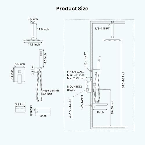 Miniatura 15 de gotonovo Juego de grifo de ducha mezclador de lluvia con boquilla de cascada, sistema de ducha de lluvia, montaje en techo, cabezal de ducha