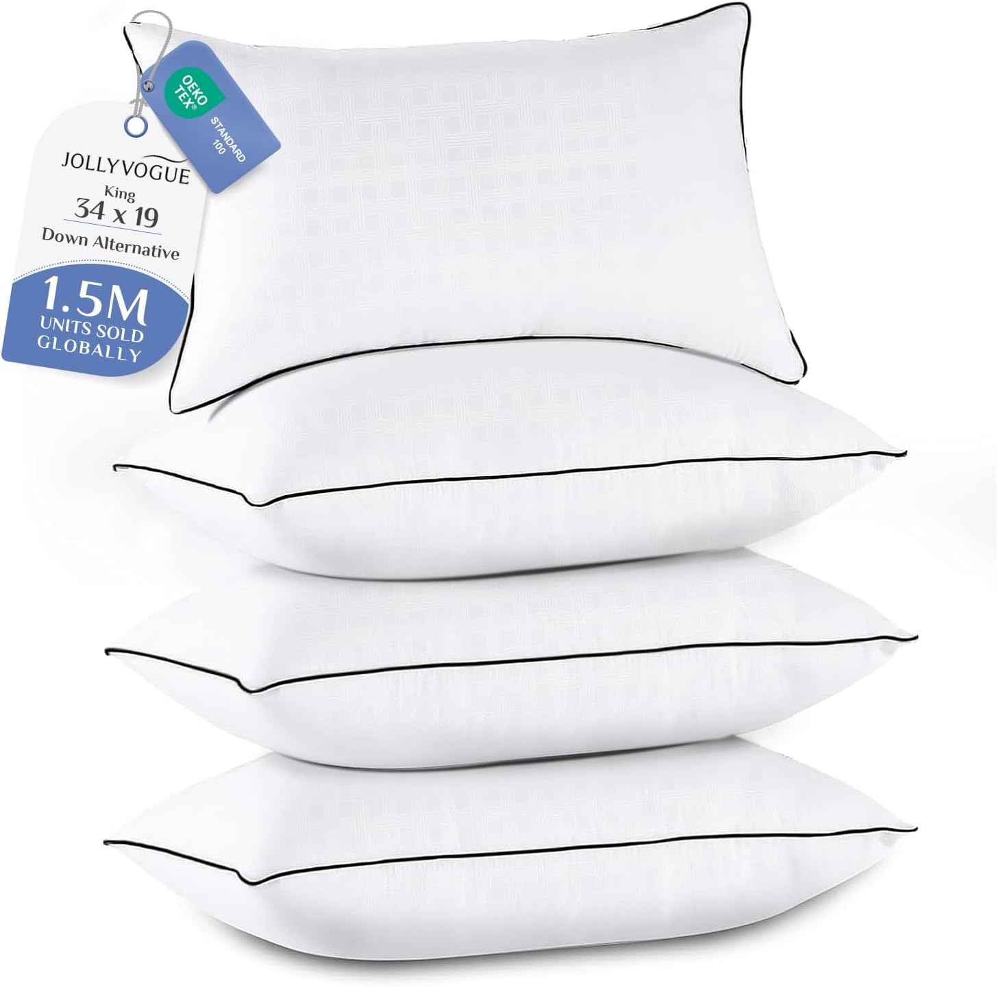 JOLLYVOGUE King Size Pillows Set of 4, Collection Bed Pillows for Sleeping, Hotel Quality Pillows for Side, Back and Stomach Sleepers, Soft and Supportive Oeko-Tex Certified Down Alternative Filling