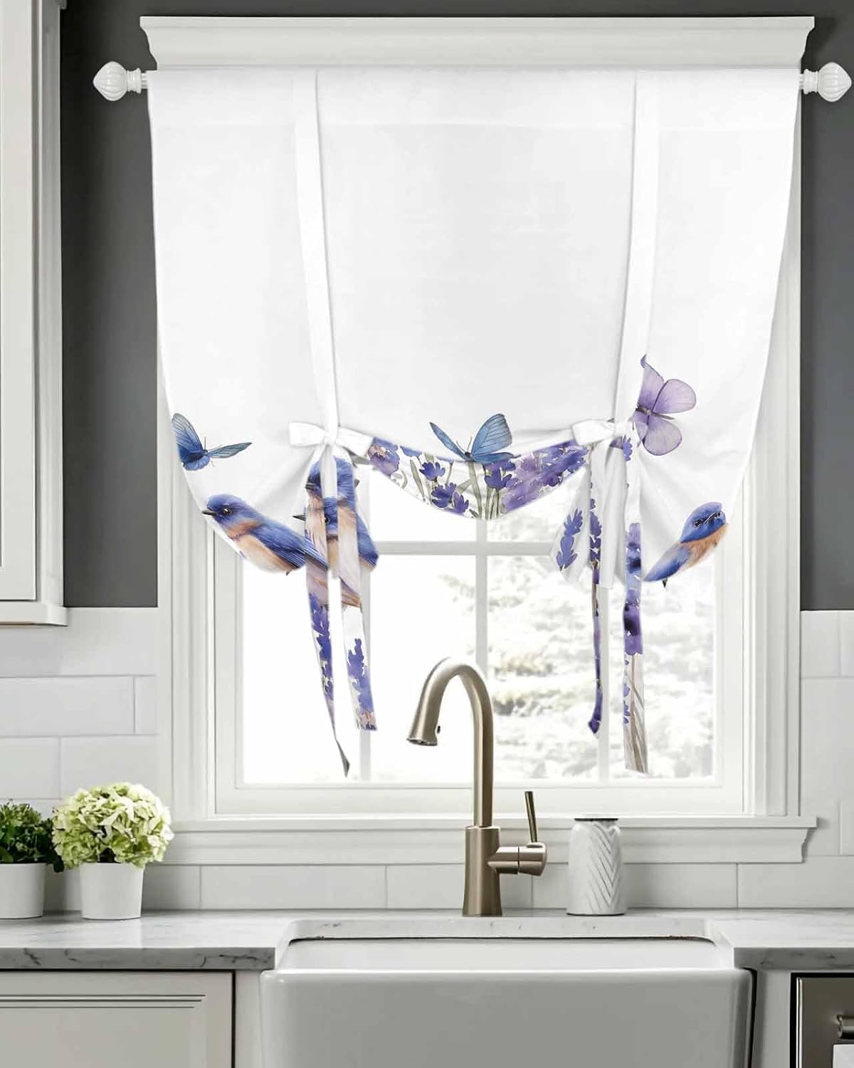 Tie Up Curtain for Windows Purple Bird Balloon Window Shades for Bedroom Bathroom Adjustable Rod Pocket Lavender Flower Butterfly Window Treatments Curtains Valance for Kitchen 52" W x 63" L