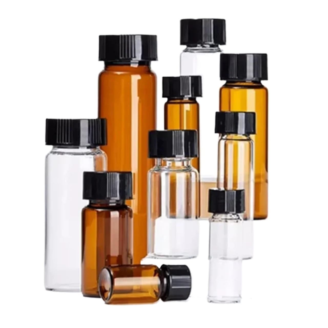 CQAHDSEVF Borosilicate Glass Bottles, 20pcs Laboratory Glass Sample Bottles Reagent Vials Multicolor 3-50ml with Screw Caps(10ml (22x50mm) brown)