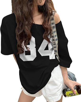 KIDDAD Off The Shoulder Tops for Women Number Graphic Clothes for Teen Girls Oversized Y2K Jersey Cute Baggy Shirts