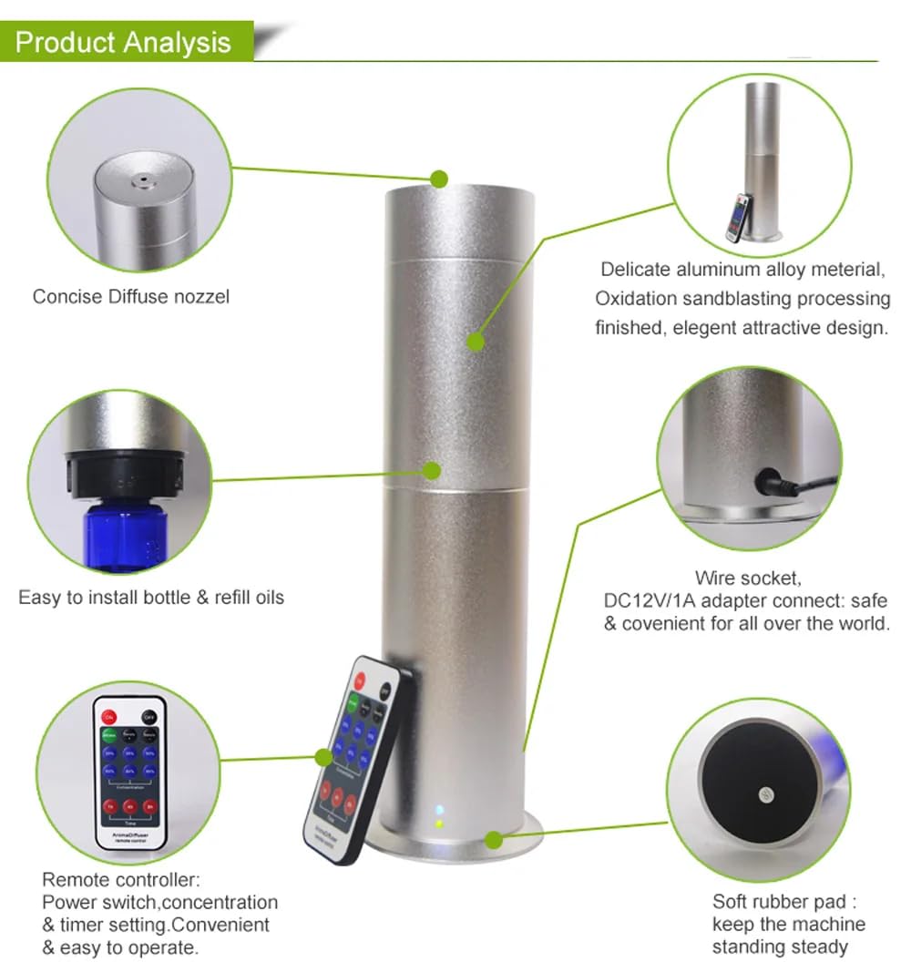 Diffusore senza acqua per oli essenziali, con telecomando, a colonna, elettrico, per aromaterapia, diffusore atomizzatore, per SPA, hotel, casa, ufficio, fragranza benessere (argento, corto)