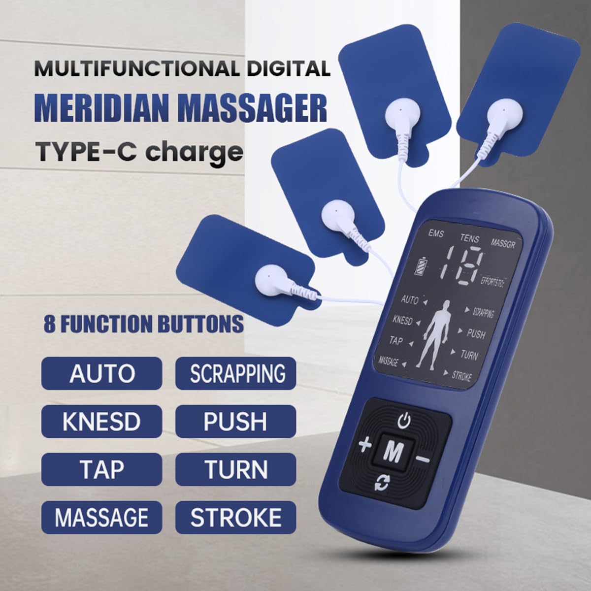 Elettrostimolatore muscolare EMS TENS Dispositivo 8 modalità dispositivo di terapia del dolore con 2 canali,Blu