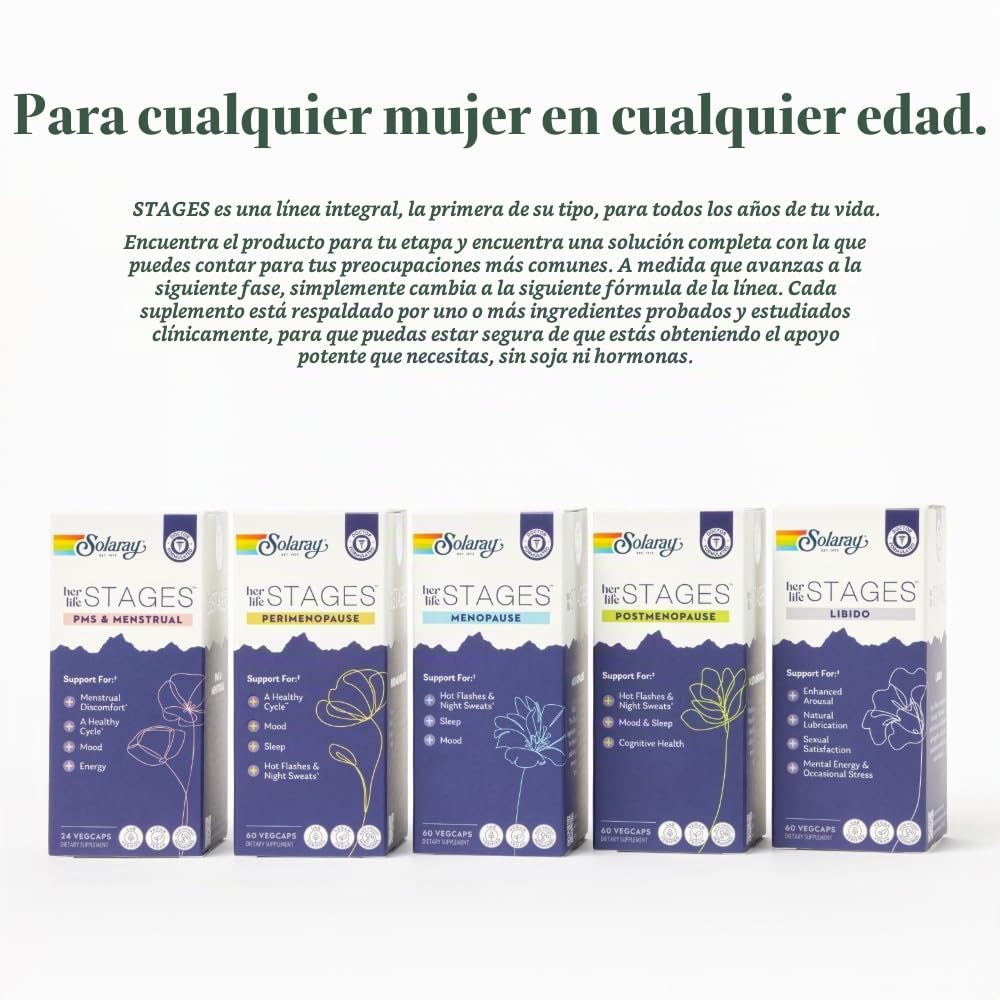 Solaray Menopause her Life Stages - Suplementos de menopausia para mujeres - Apoya al estado de ánimo, sueño, sofocos, sudores nocturnos - Vegano, sin gluten - 60 cápsulas vegetales | Menopausia, estado de ánimo, sueño y sofocos, extracto de naranja clíni