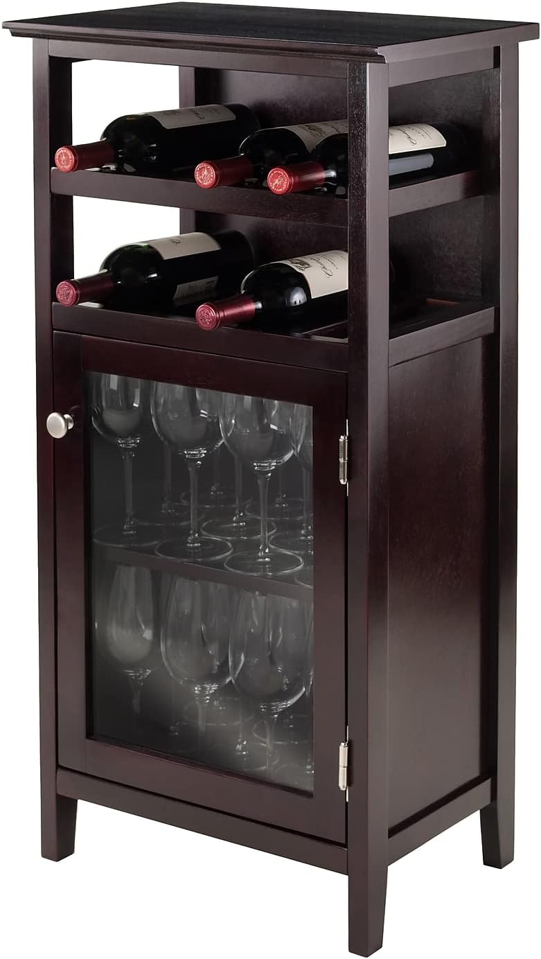 Espresso Transitional 19'' Wine Cabinet with Glass Door & Metal Pulls