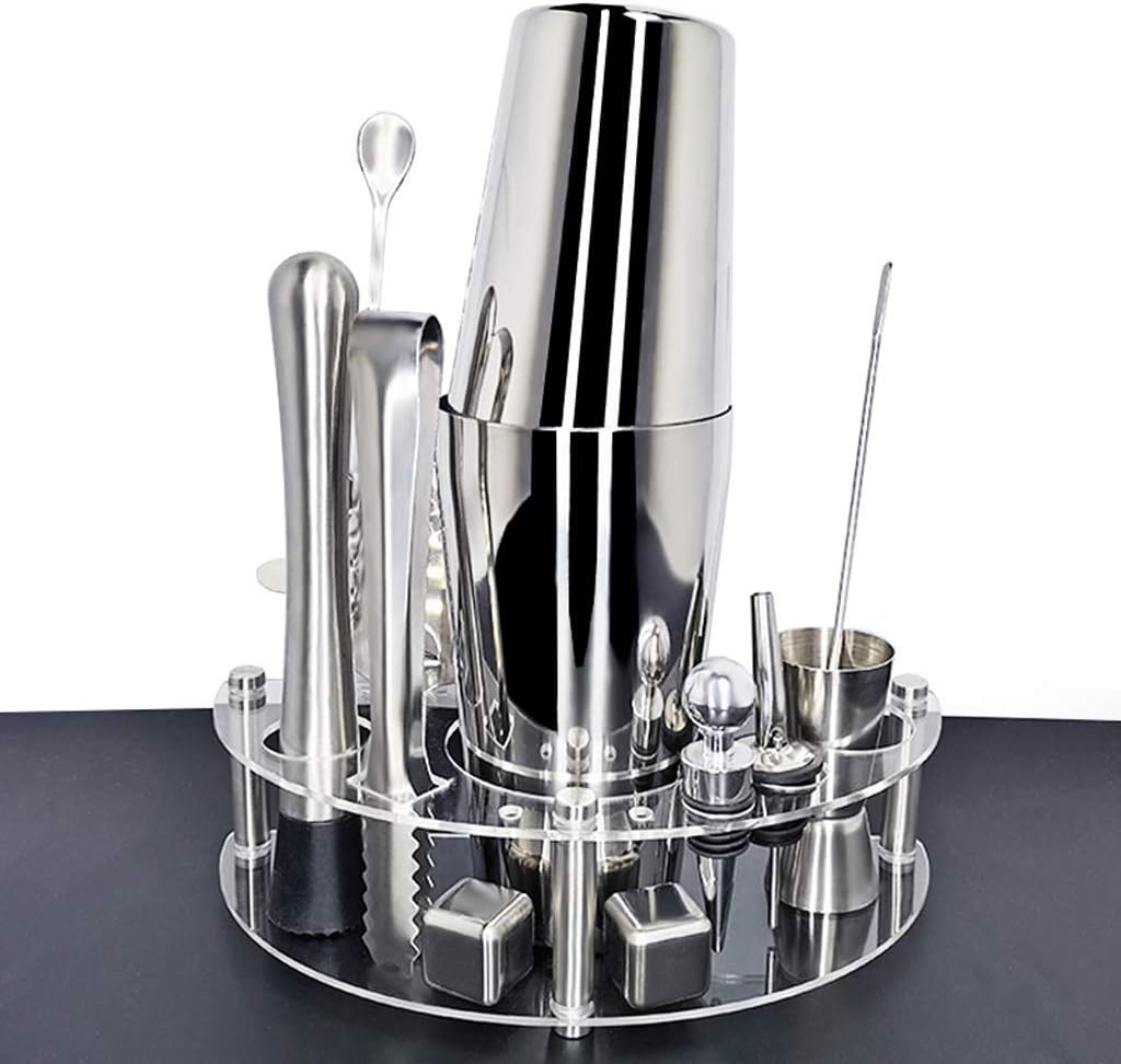 Stainless Steel Shaker with Stand and Drink Recipe 450/600/750ml Cocktail Set 12 Pieces Barware Kit(12Pc 750 600ml Rack)