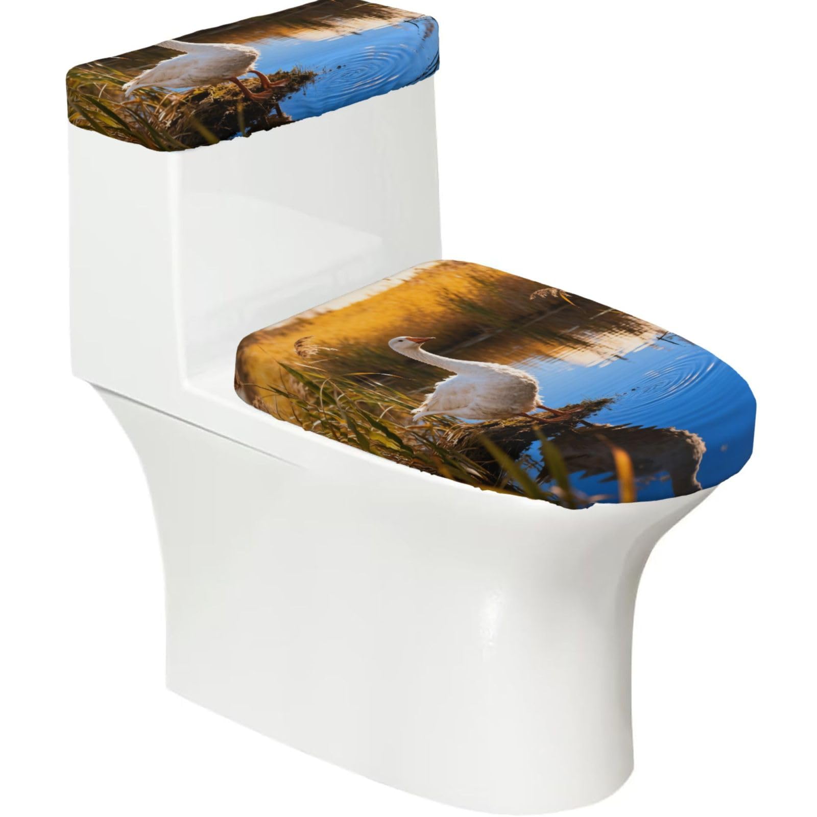 Cntdbu Black Goose Pond Reeds Stretchy Toilet Lid And Tank Cover Set-Soft Elastic Bathroom Decor For U Shape Oval