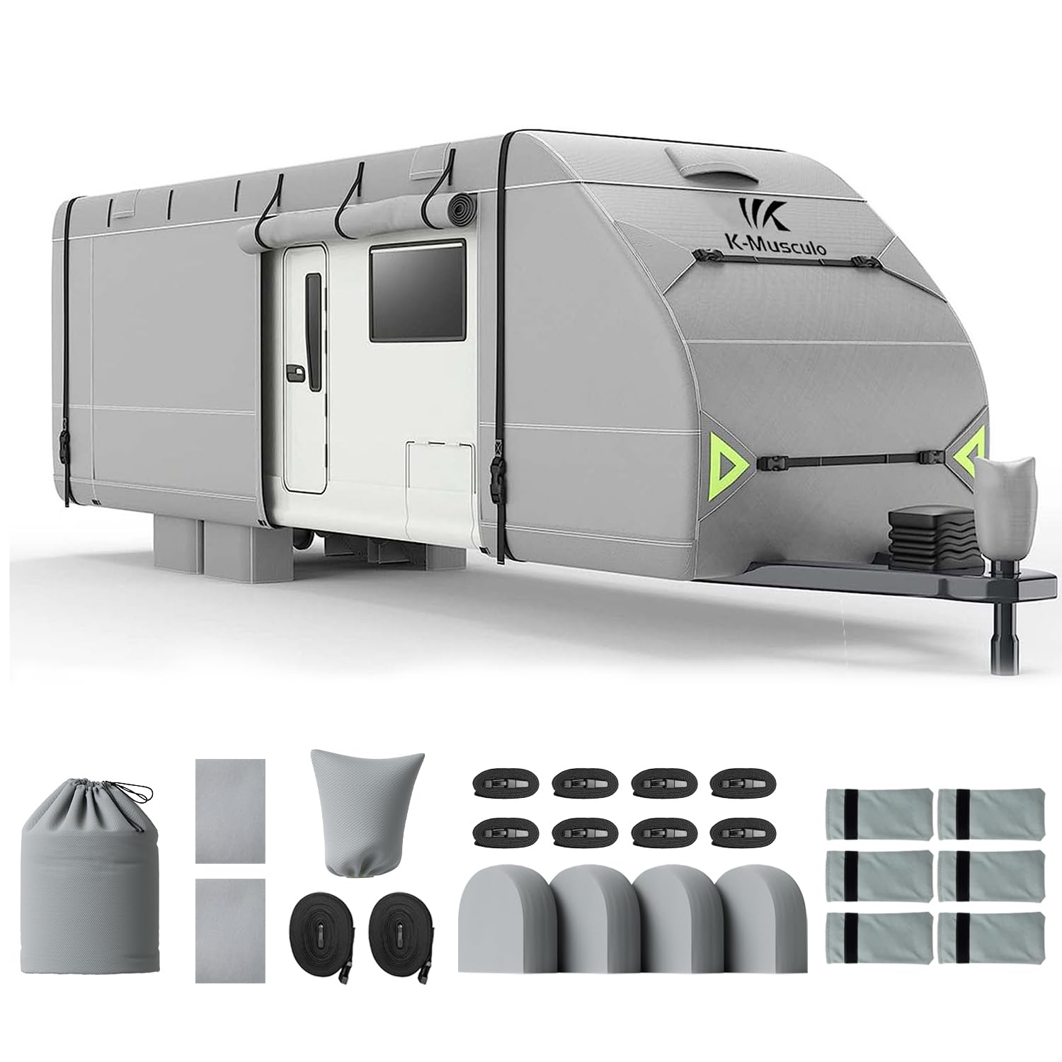 K-Musculo RV Cover, 30-33 FT Heavy Duty Travel Trailer Cover with 8 Layers Corner, Windproof and Waterproof Camper Cover with 4 Tire Cover & Tongue Jack Cover