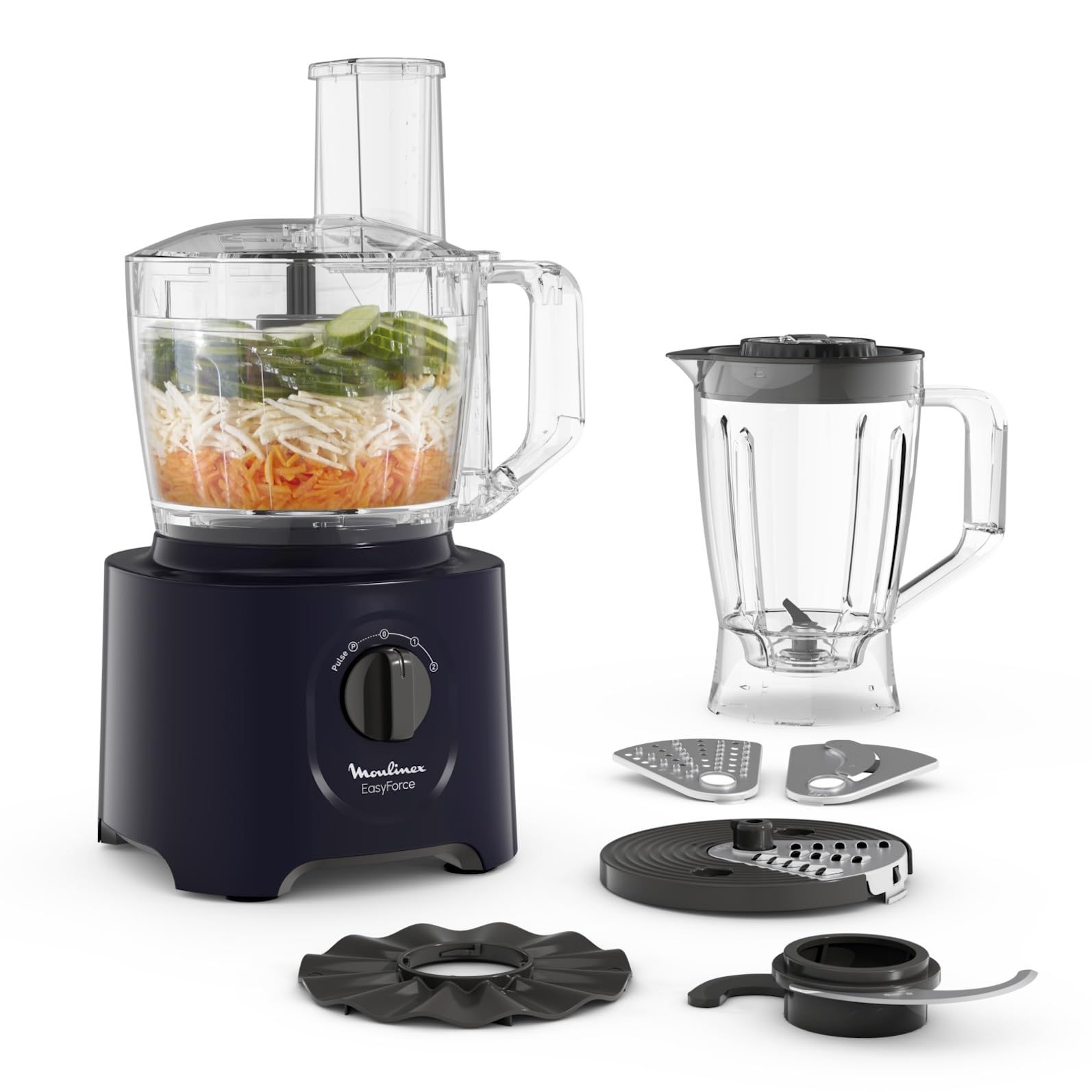 Robot da cucina multifunzione Moulinex Easy Force, 800 W, 25 funzioni, 2 velocità + Pulse, 6 accessori di cui 1 frullatore incluso, Compact FP247810, Blu notte