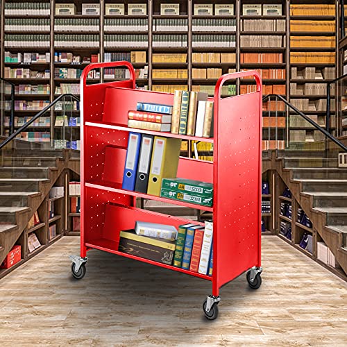 Bestequip Book Cart, 200Lbs Library Cart, 35X19X49 Inch Rolling Book Cart, Double Sided W-Shaped Sloped Shelves With 4 Inch Lockable Wheels For Home Shelves Office And School Book Truck In Red #TOP1