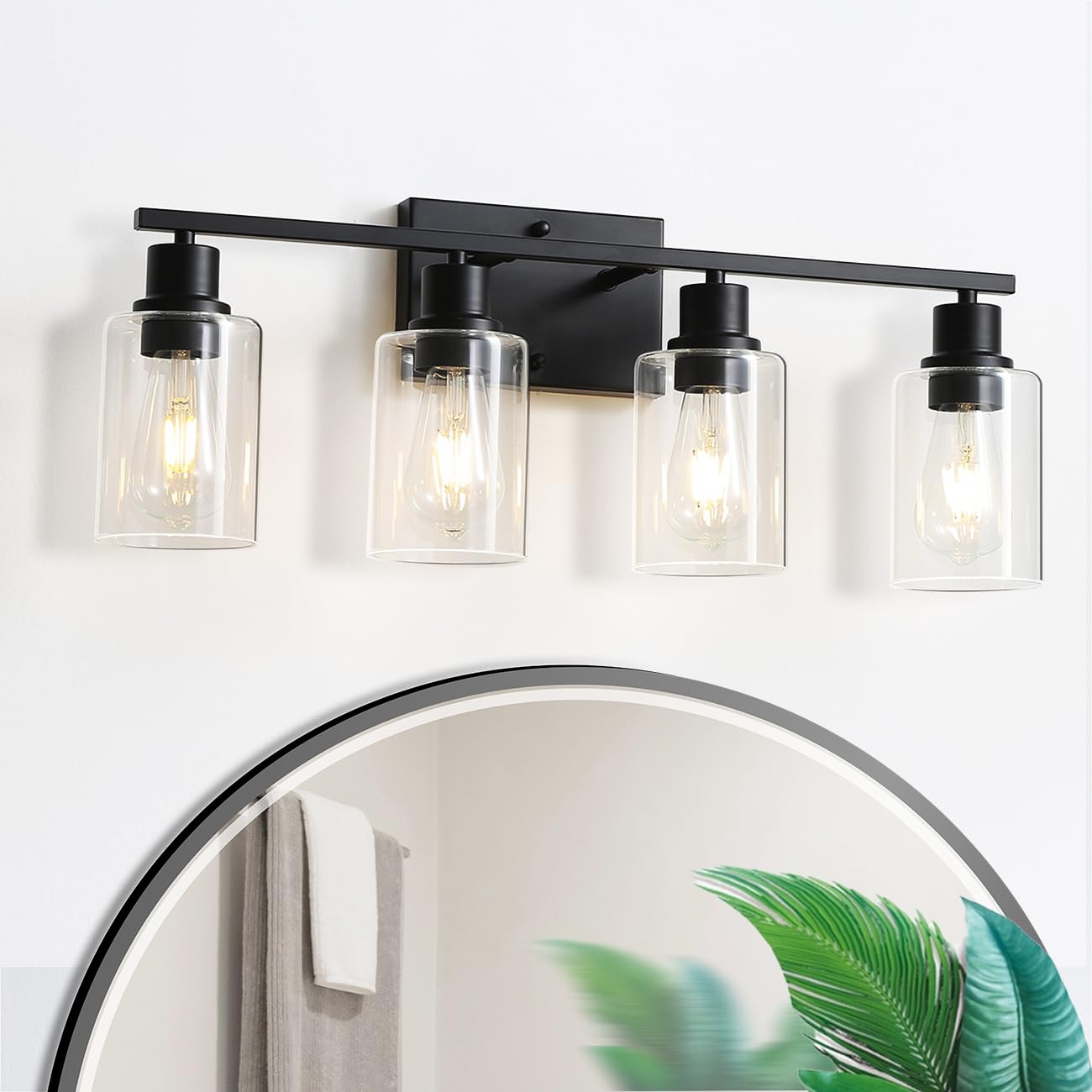Black Vanity Lights for Bathroom, 4-Light Bathroom Lighting Fixtures Over Mirror, Farmhouse Modern Wall Sconces with Clear Glass for Living Room Bedroom Hallway