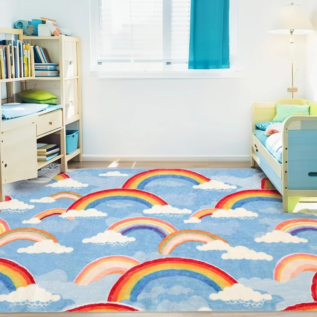 Regenbogen-Teppiche, niedlich, bunt, rutschfest, waschbar, Klassenzimmerteppich, weicher Kinderbereich für Schlafzimmer, Kinderzimmer, Wohnzimmer, Dekoration, Regenbogenwolke