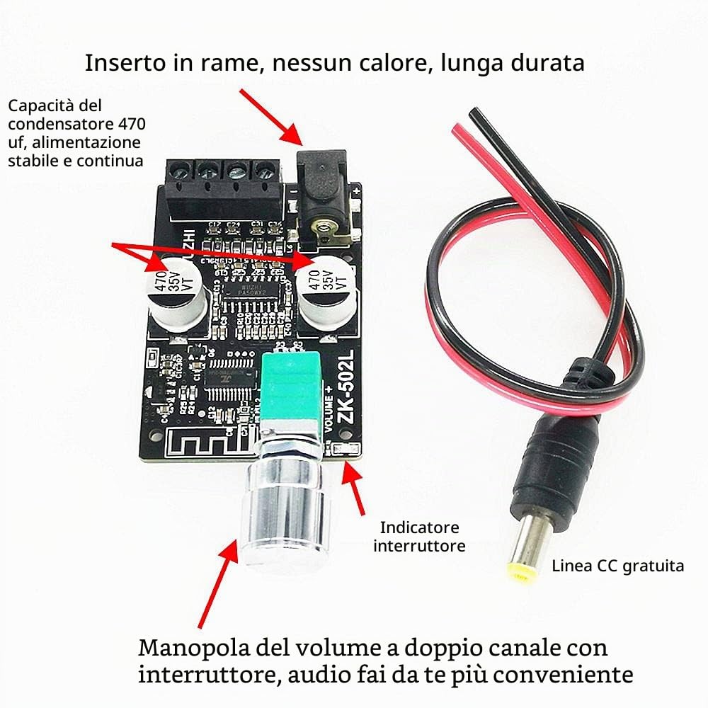 DollaTek TPA3116 Bluetooth 5.0 Mini Amplificatore di Potenza Digitale 2x50W con Interruttore e Volume Regolabile