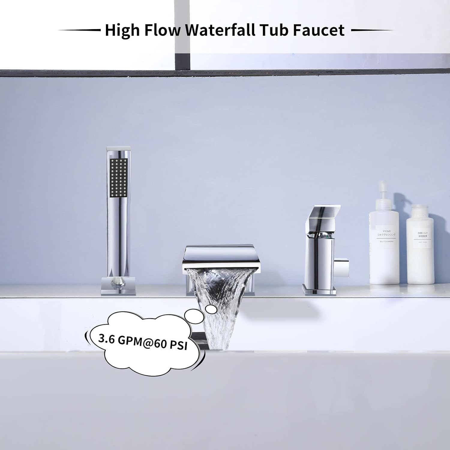 Bathtub Faucet With Handheld Shower,Deck Mount Brass Roman Tub Faucet High Flow,3-Holes Single-Handle Waterfall Tub Filler With Sprayer Chrome,4Y1MK