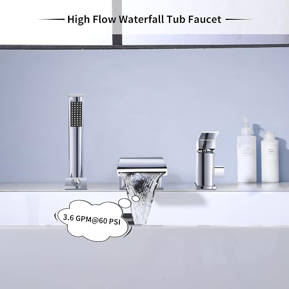 Bathtub Faucet with Handheld Shower,Deck Mount Brass Roman Tub Faucet High Flow,3-Holes Single-Handle Waterfall Tub Filler with Sprayer Chrome,4Y1MK