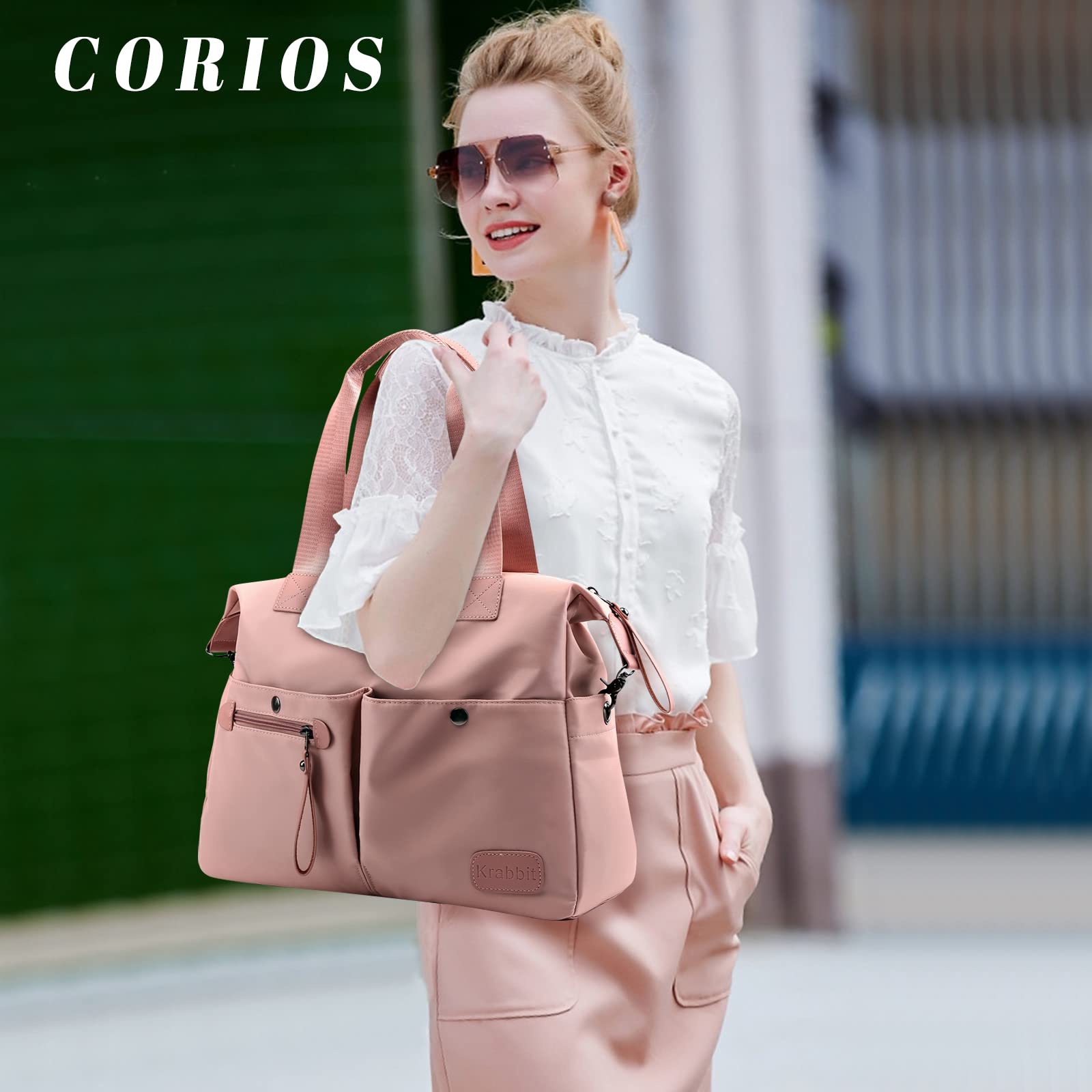 CORIOS Sacs Portés Épaule Nylon Bandoulière Sac Imperméable Messager Grande Capacité Cabas Rose pour Achat Travail Fête Voyage