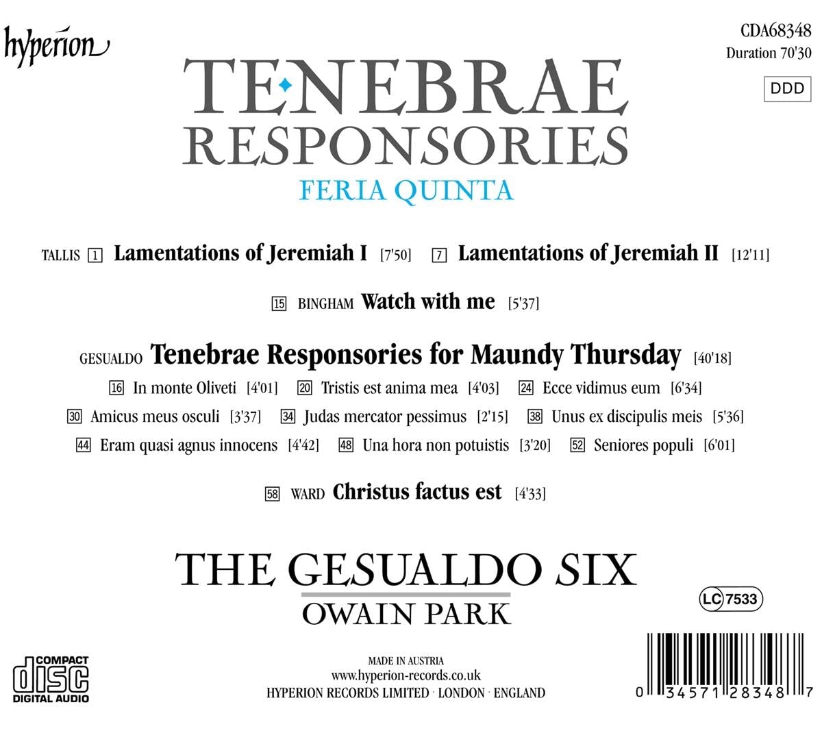 Tenebrae Responsories/Oeuvres Vocales Sacrees