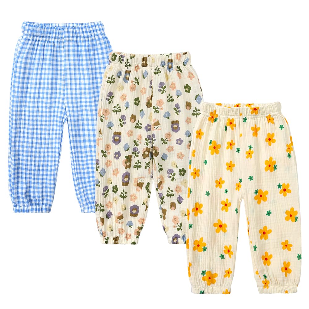 Kids Tales 3 Pack Boys Girls Cotton Linen Pants Child Basic Plain Solid Trousers Big Kids Elastic Waist Long Pants Bloomers