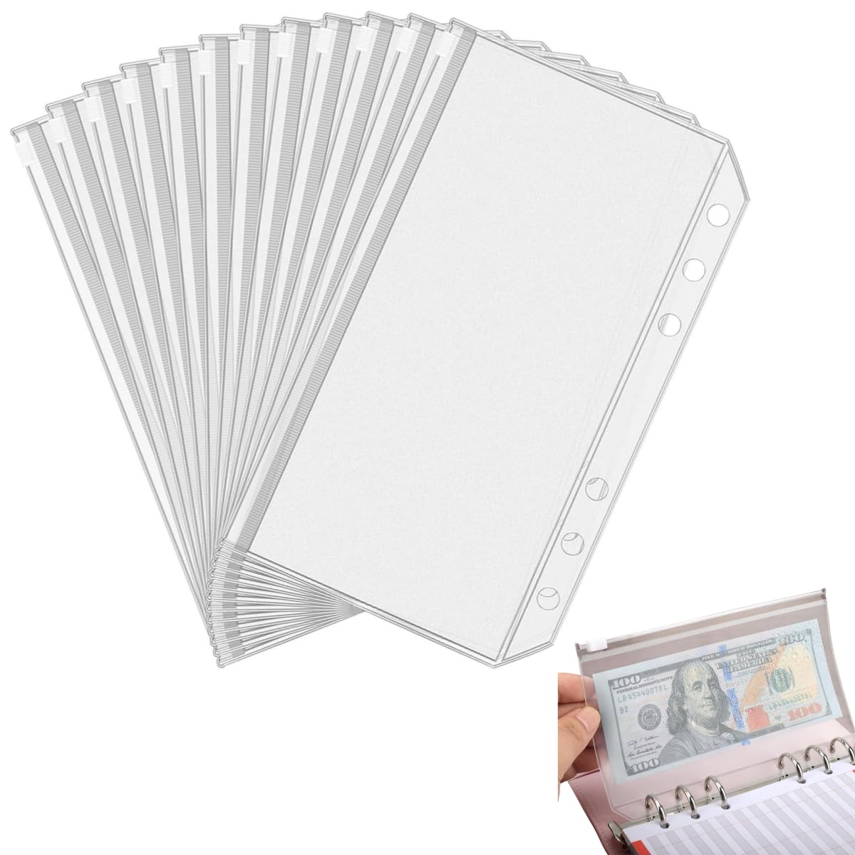 12pcs A6 Size Binder Pockets A6 Binder Zipper Folders 6 Holes Zipper Binder Pocket for 6-Ring Notebook Loose Leaf Bags, Waterproof PVC Pouch Document Filing Bags for Cash, Cards-image-1