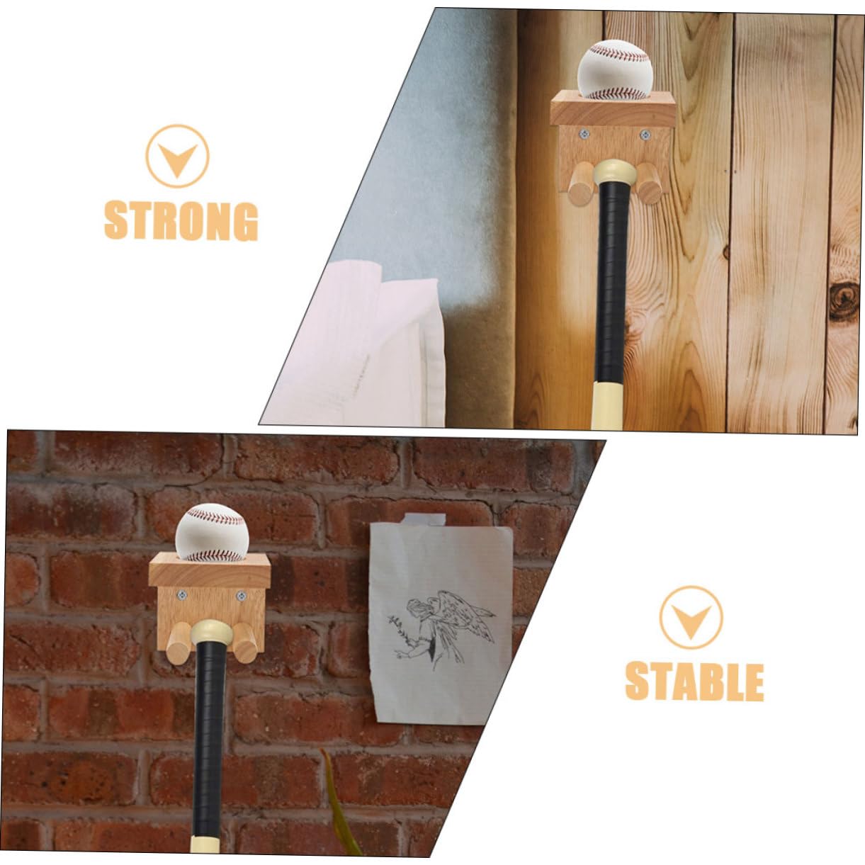 VANZACK 2pcs Wooden Baseball Bat Holder Wall Mount Display Rack Baseball Bat Bracket Mount Rack for Sports Room