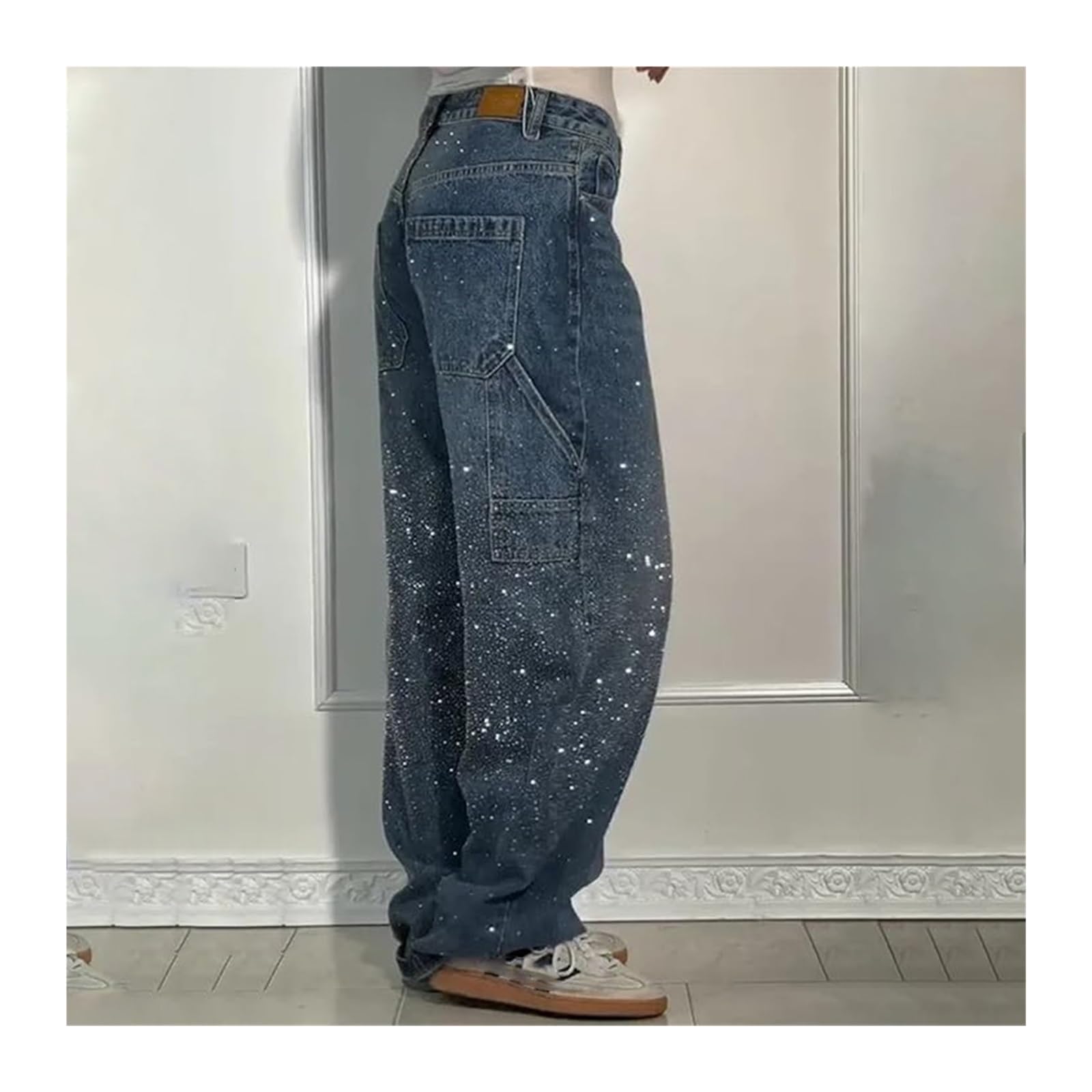 Jeans Donna Strass E Glitter - Pantalone Baggy Vita Alta, Gamba Larga, Elasticizzato, Brillantini - Foto 8