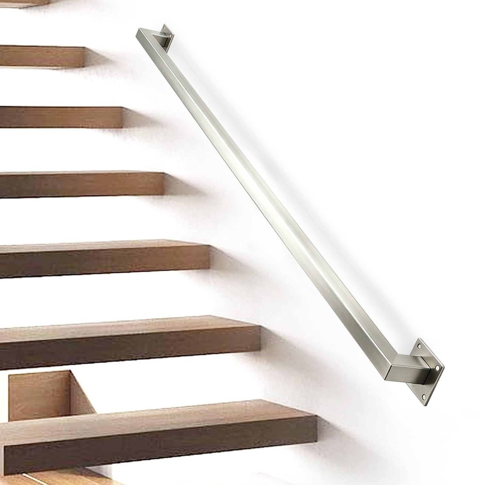 30cm 180cm 3m 4m 6m Indoor Grab Rail, Wall Mounted Stair Hand Rails with Brackets, Stainless Steel Banister Square Tube Handrail for Loft Balconies Terrace, Silver(13ft/3.9m)