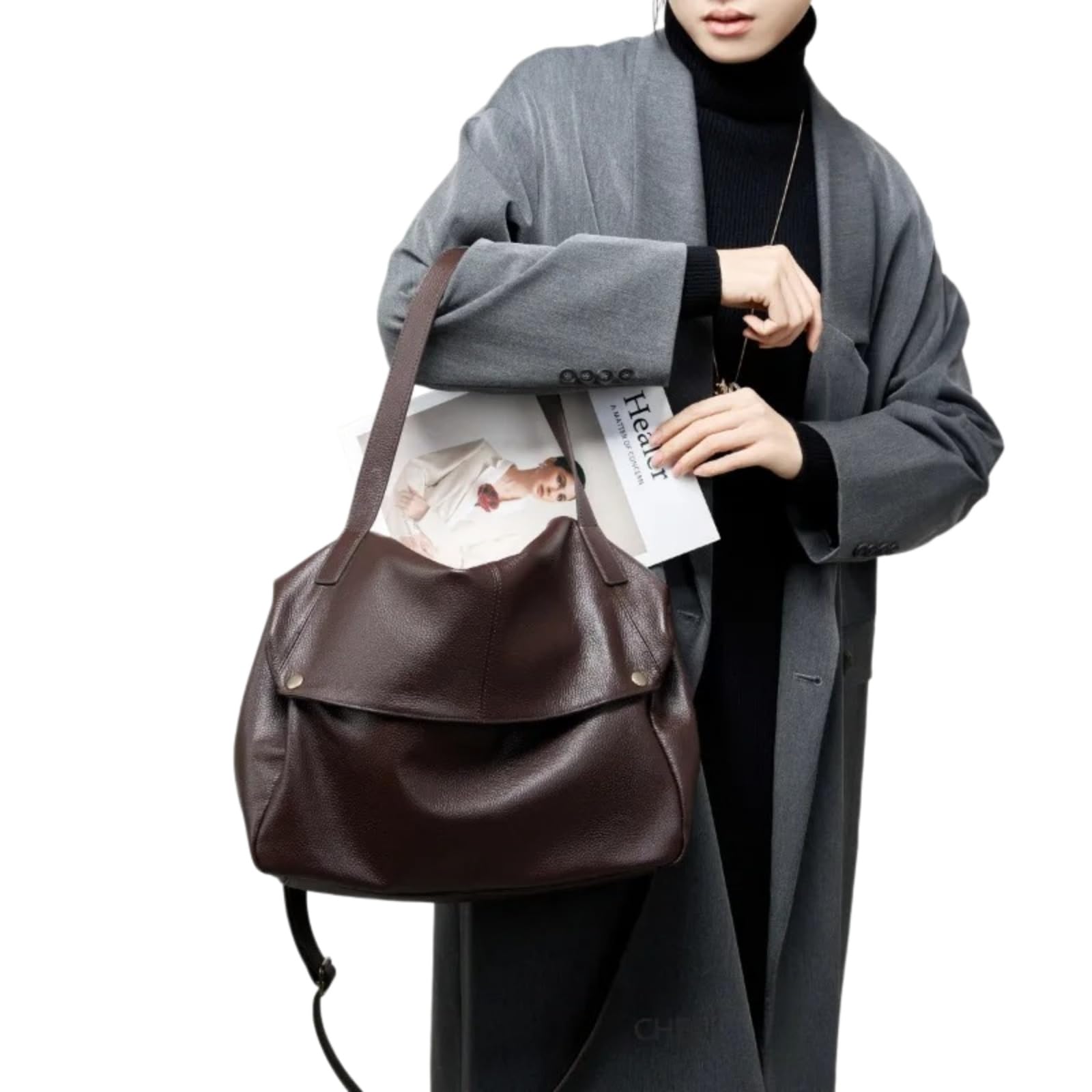 beauty case Borsa A Spalla Morbida Durevole Di Grande Capacità In Pelle Grano Superiore Per L'uso Quotidiano Dei Viaggi Lavoro-dark Brown-36 13 32cm