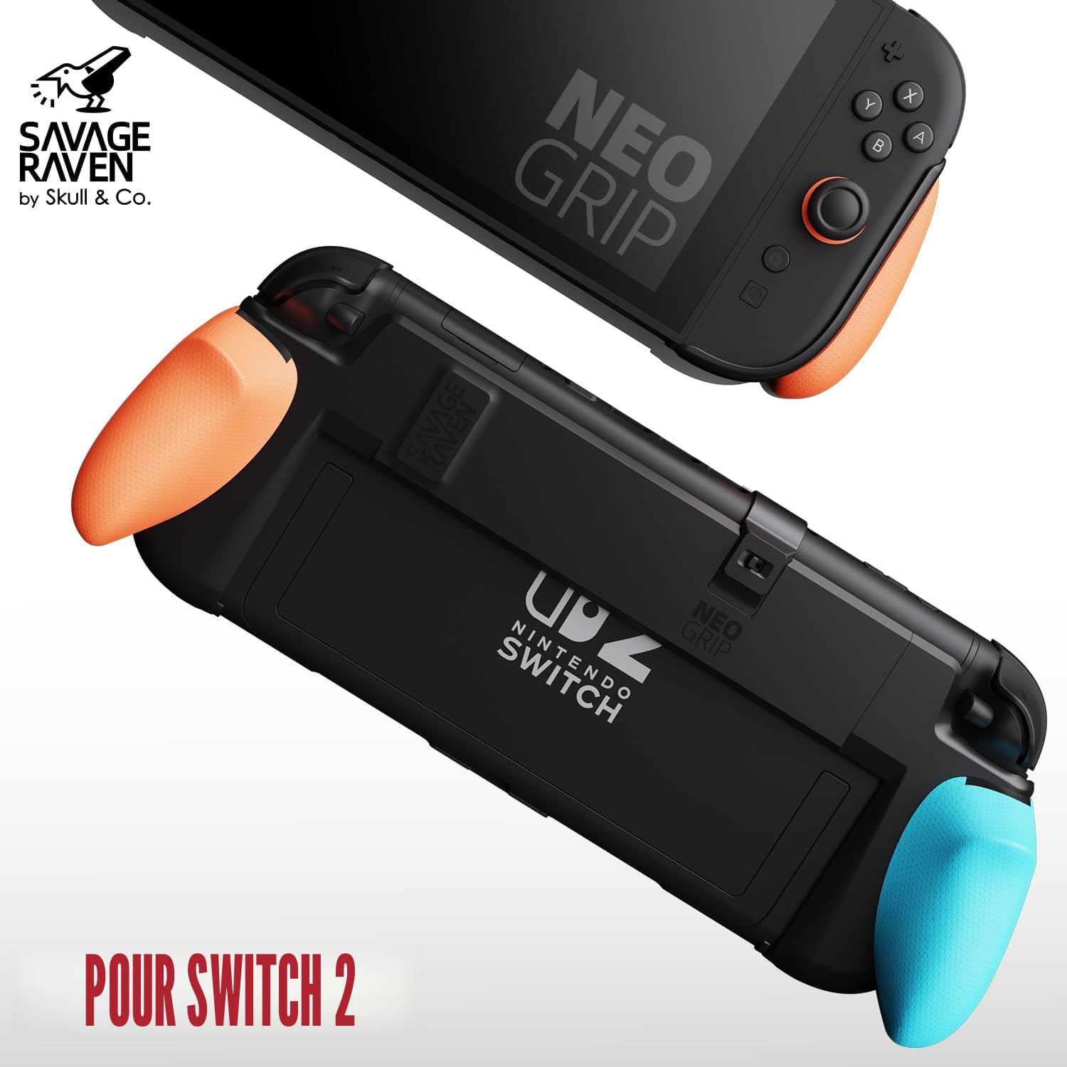 Savage Raven by Skull & Co. NeoGrip Bundle for Nintendo Switch 2: an Ergonomic Grip Hard Shell Handheld Case with Replaceable Grips [to fit All Hands Sizes] [with Carrying Case]- Black